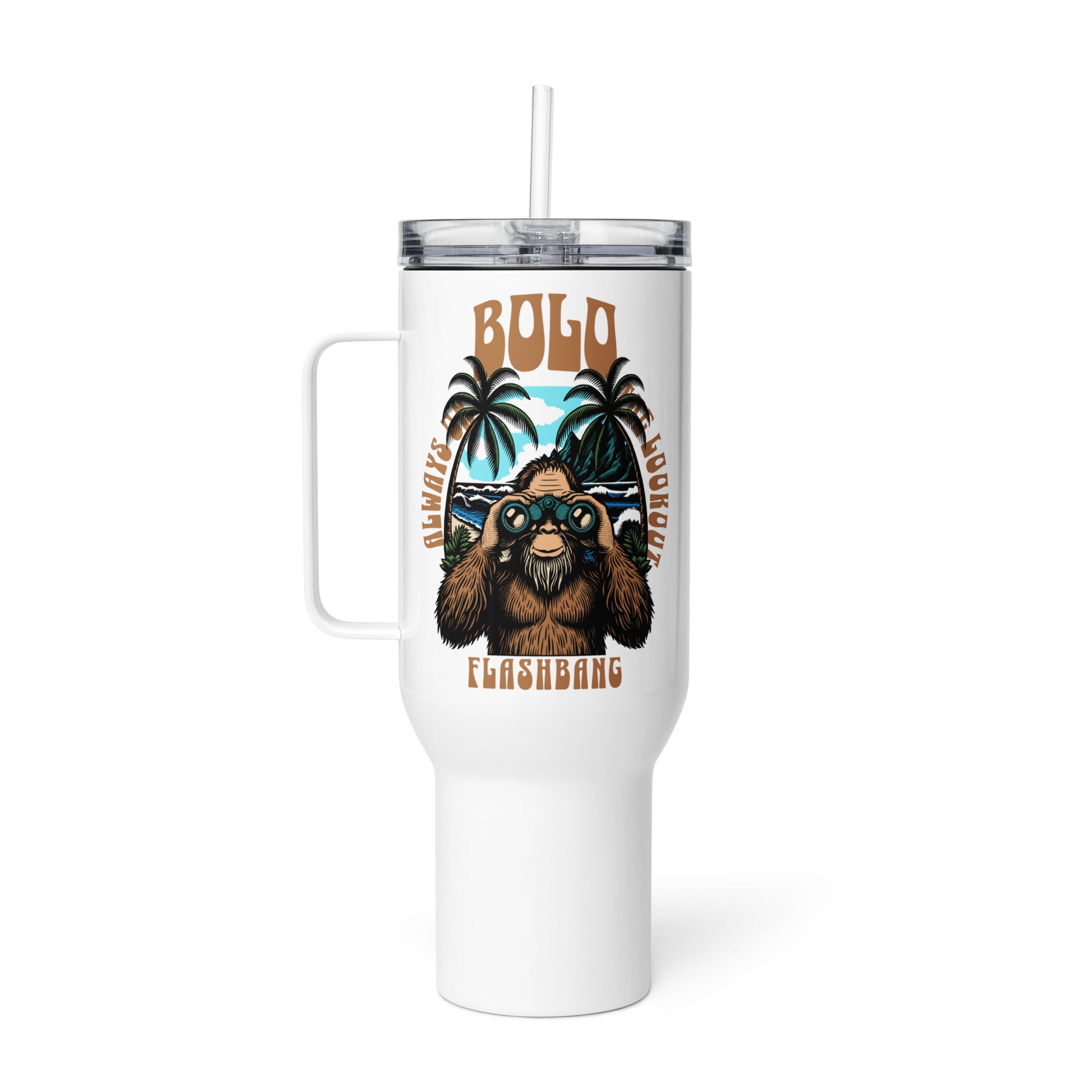 White tumbler with a bear graphic and text on a white background