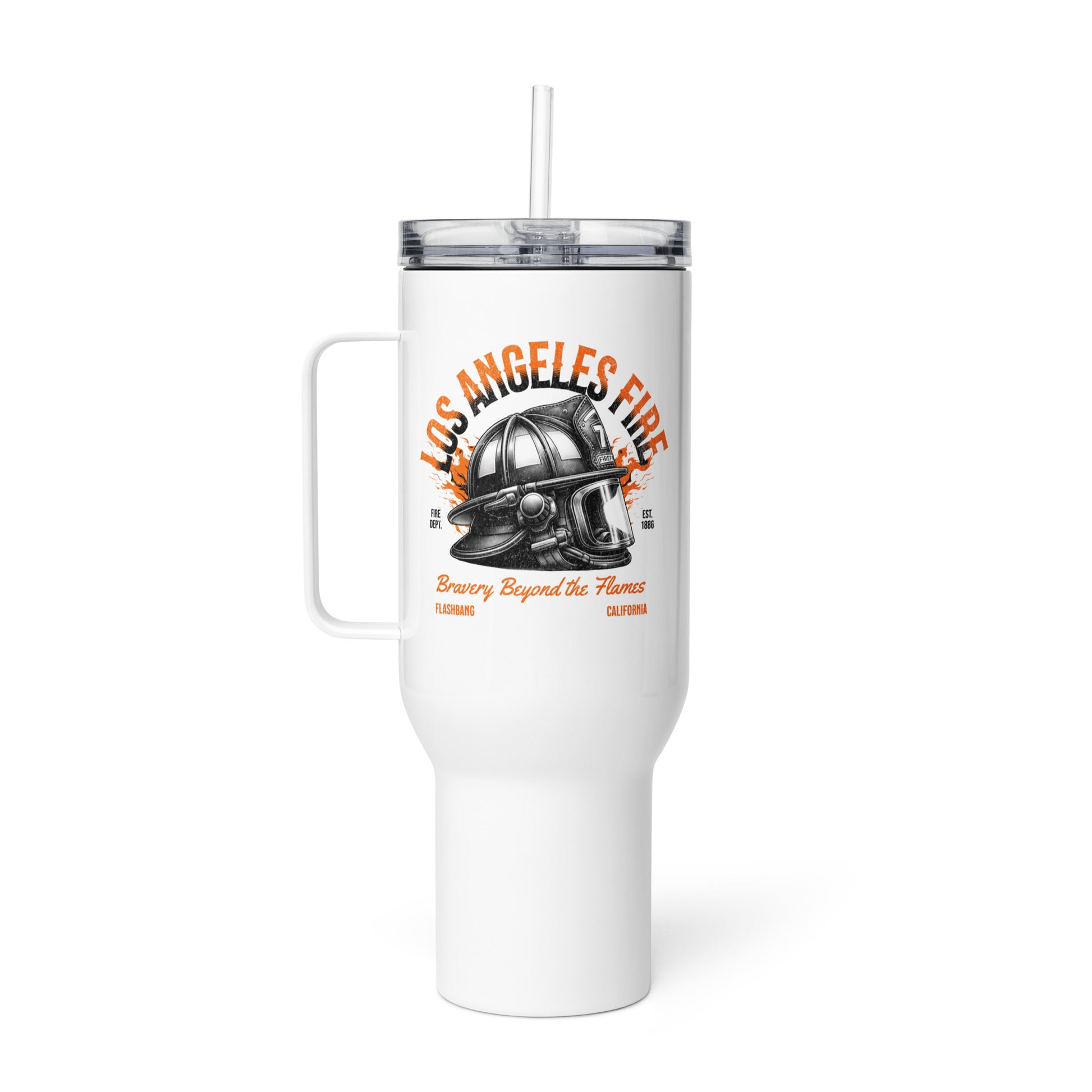White tumbler with a handle featuring a fire helmet design and text on a white background