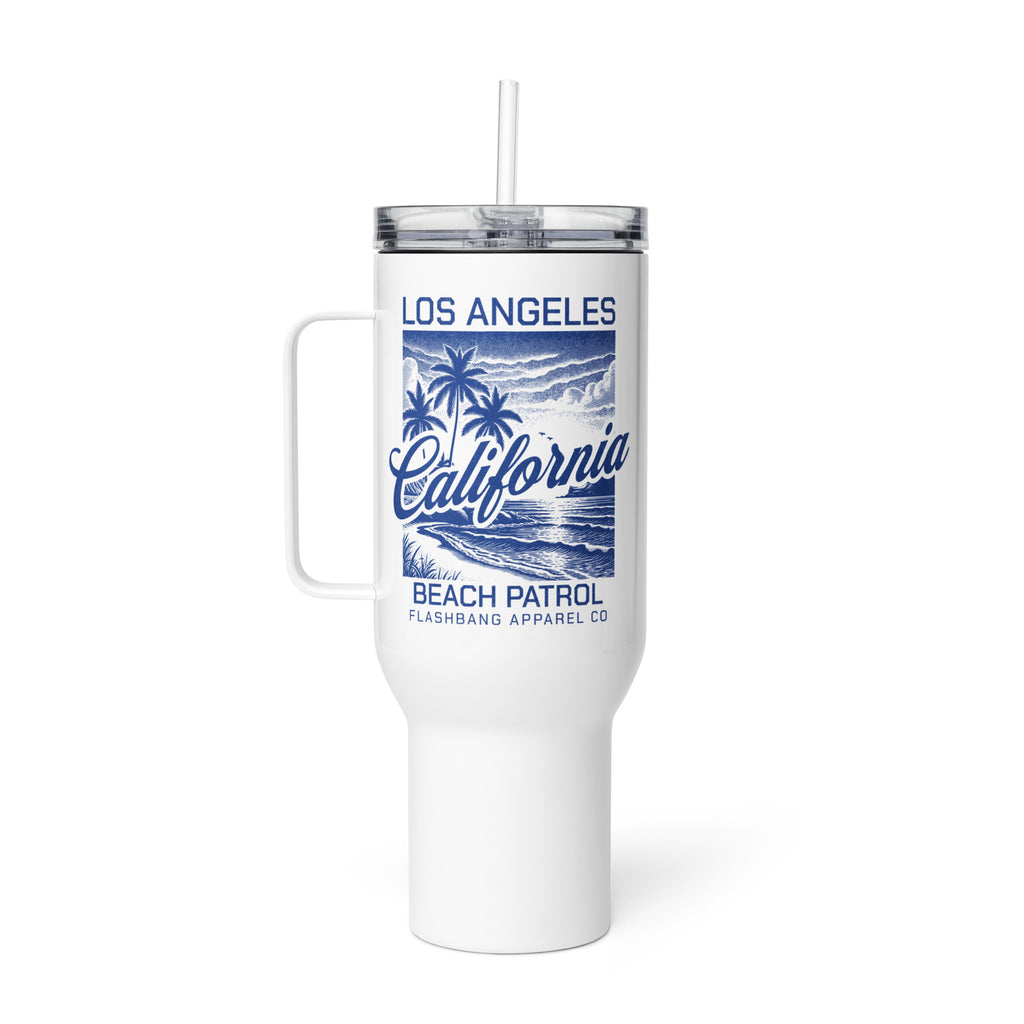 White tumbler with blue 'Los Angeles California Beach Patrol' design on a white background