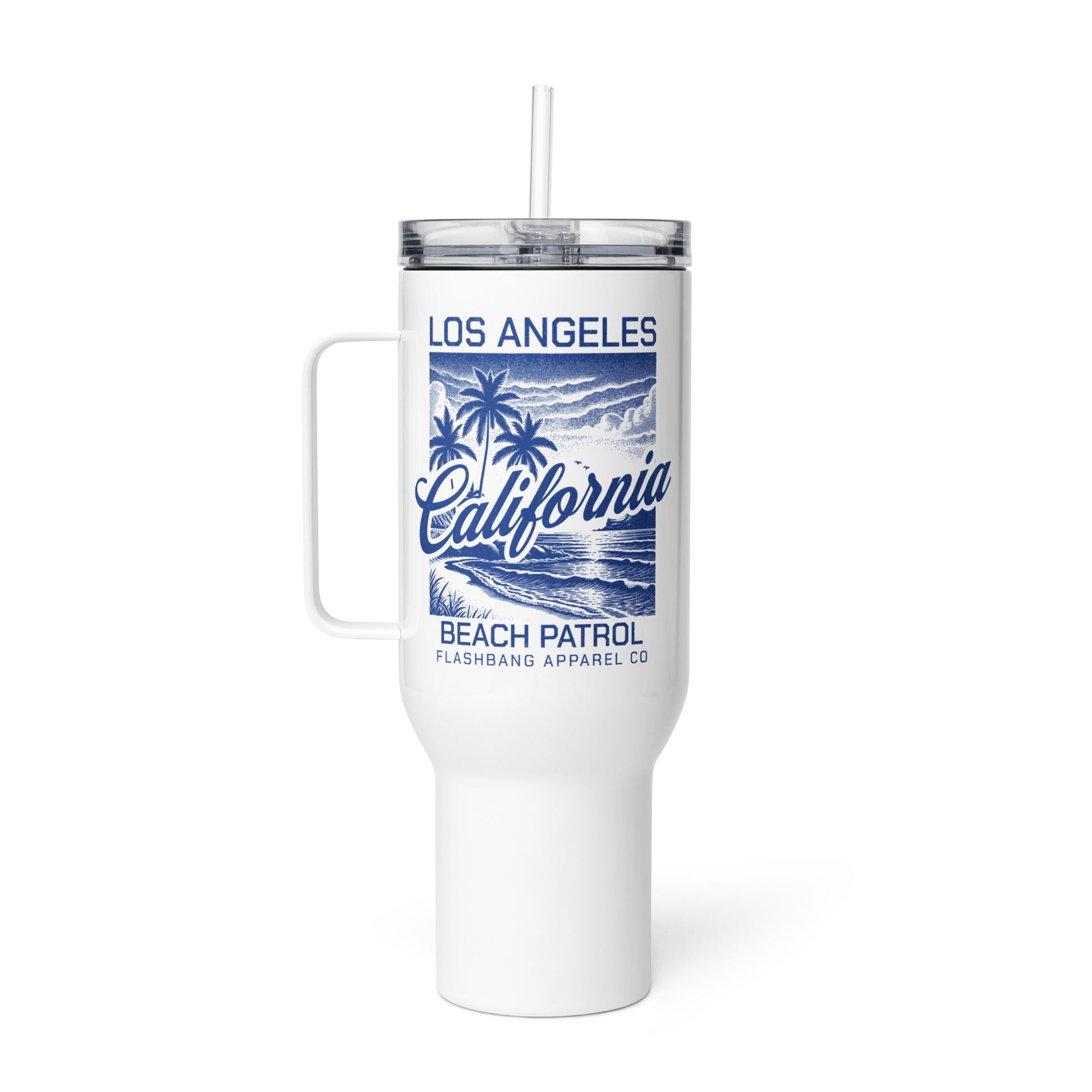 White tumbler with blue 'Los Angeles California Beach Patrol' design on a white background