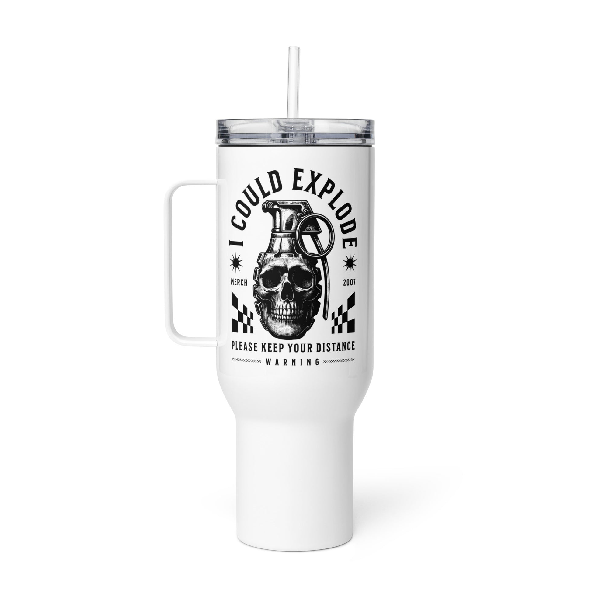 White tumbler with a skull and grenade design on a white background