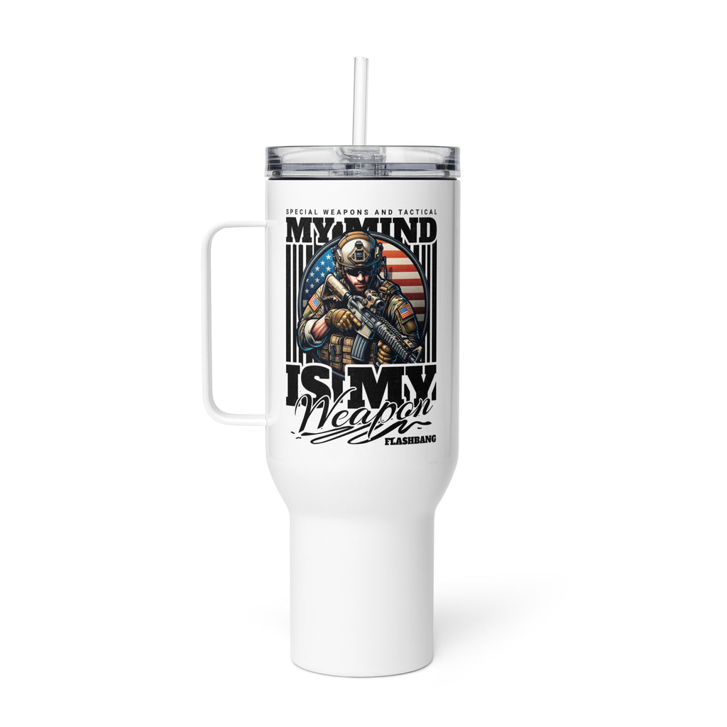 White tumbler with a graphic of a soldier and text on a white background