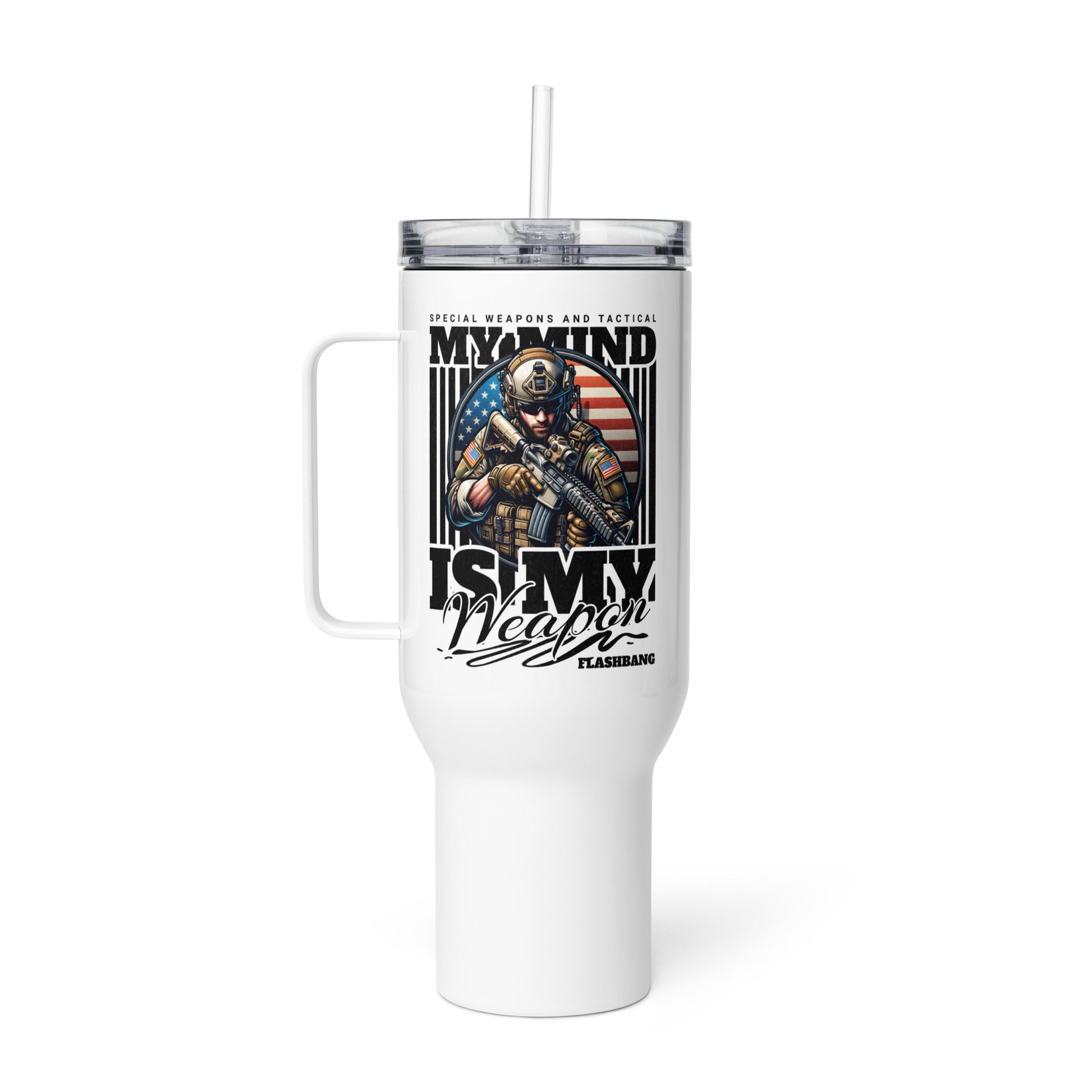 White tumbler with a graphic of a soldier and text on a white background