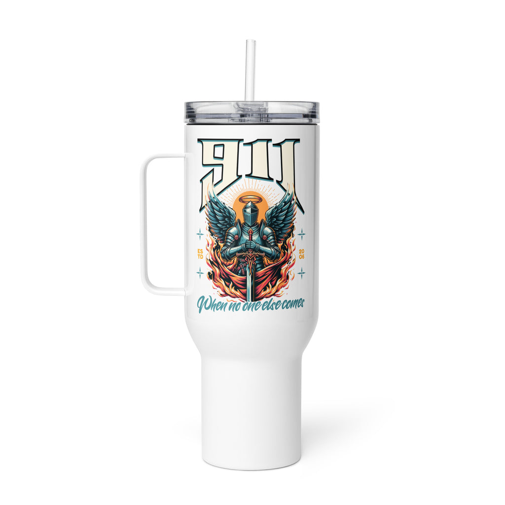 White tumbler with angel design and text on a white background