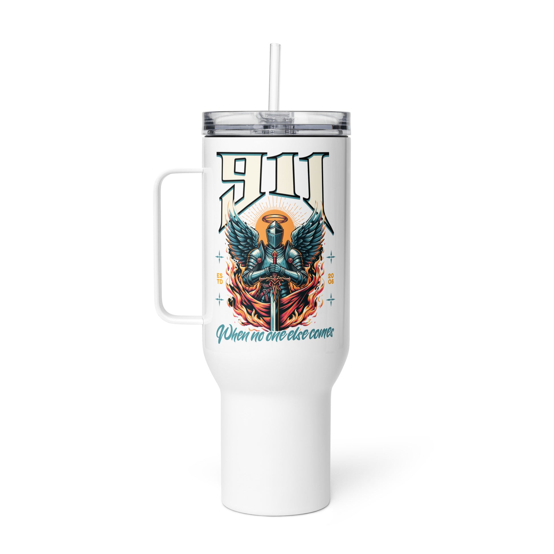 White tumbler with angel design and text on a white background