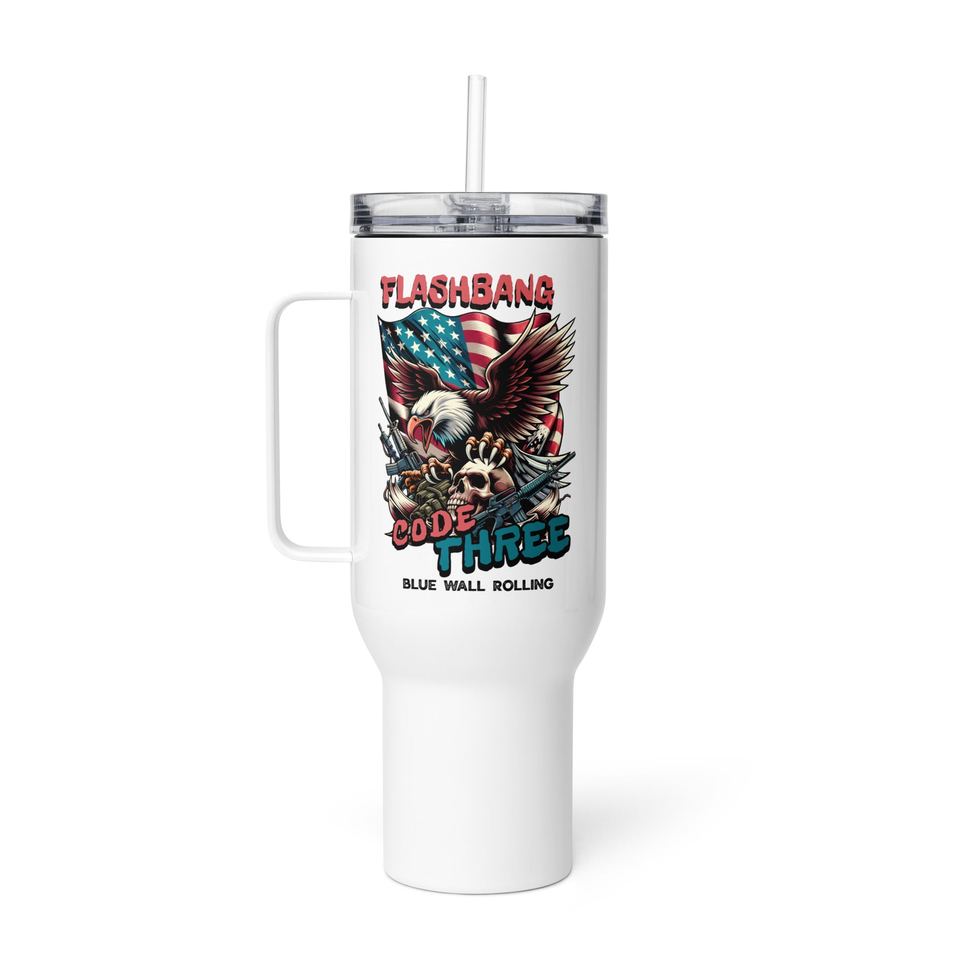 White tumbler with an eagle design and text on a white background