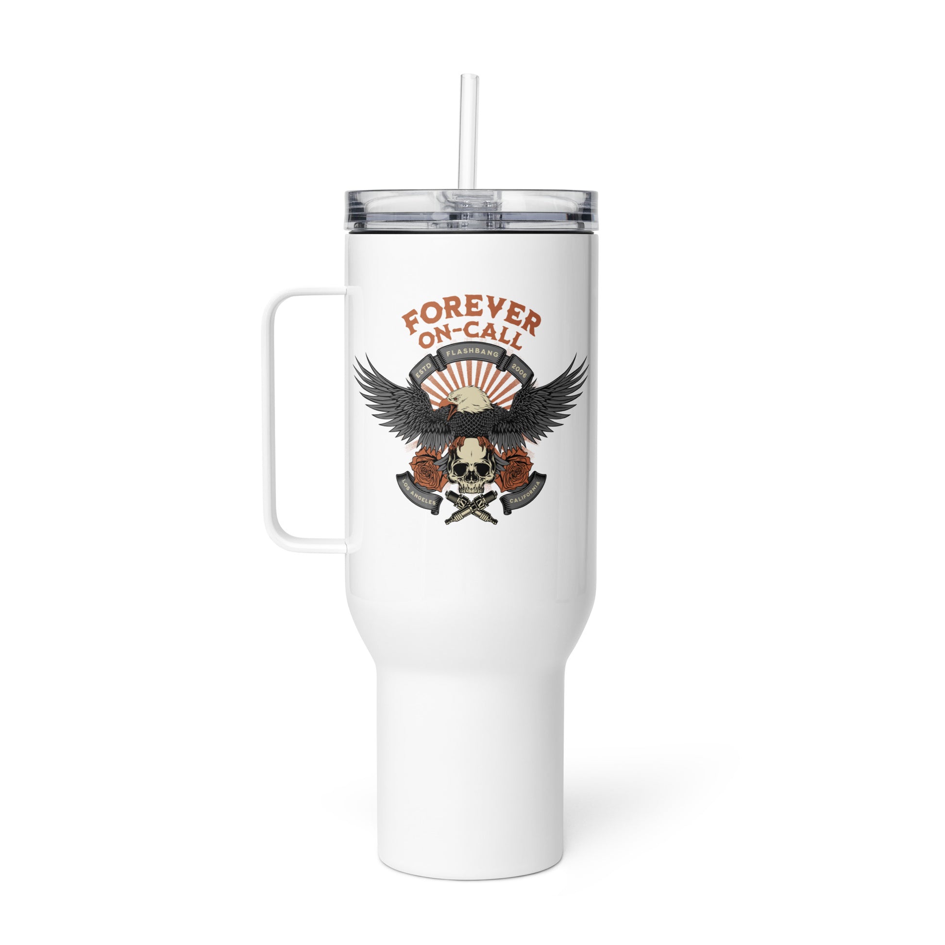 White tumbler with handle and 'Forever On Call' design on a white background