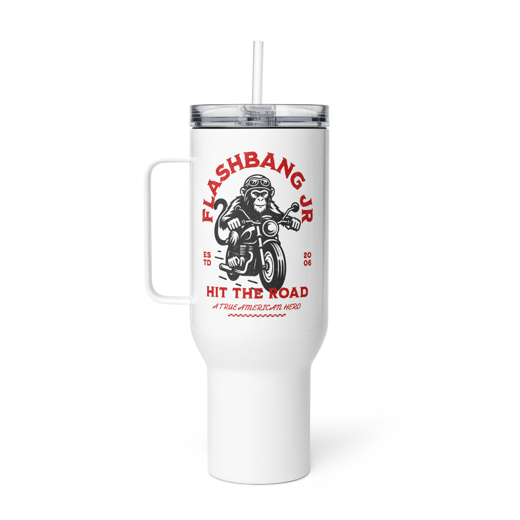 White tumbler with a monkey on a motorcycle graphic and text on a white background