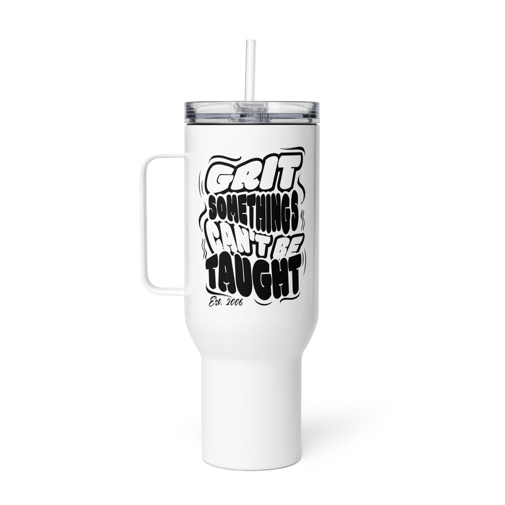 White tumbler with black text on a white background