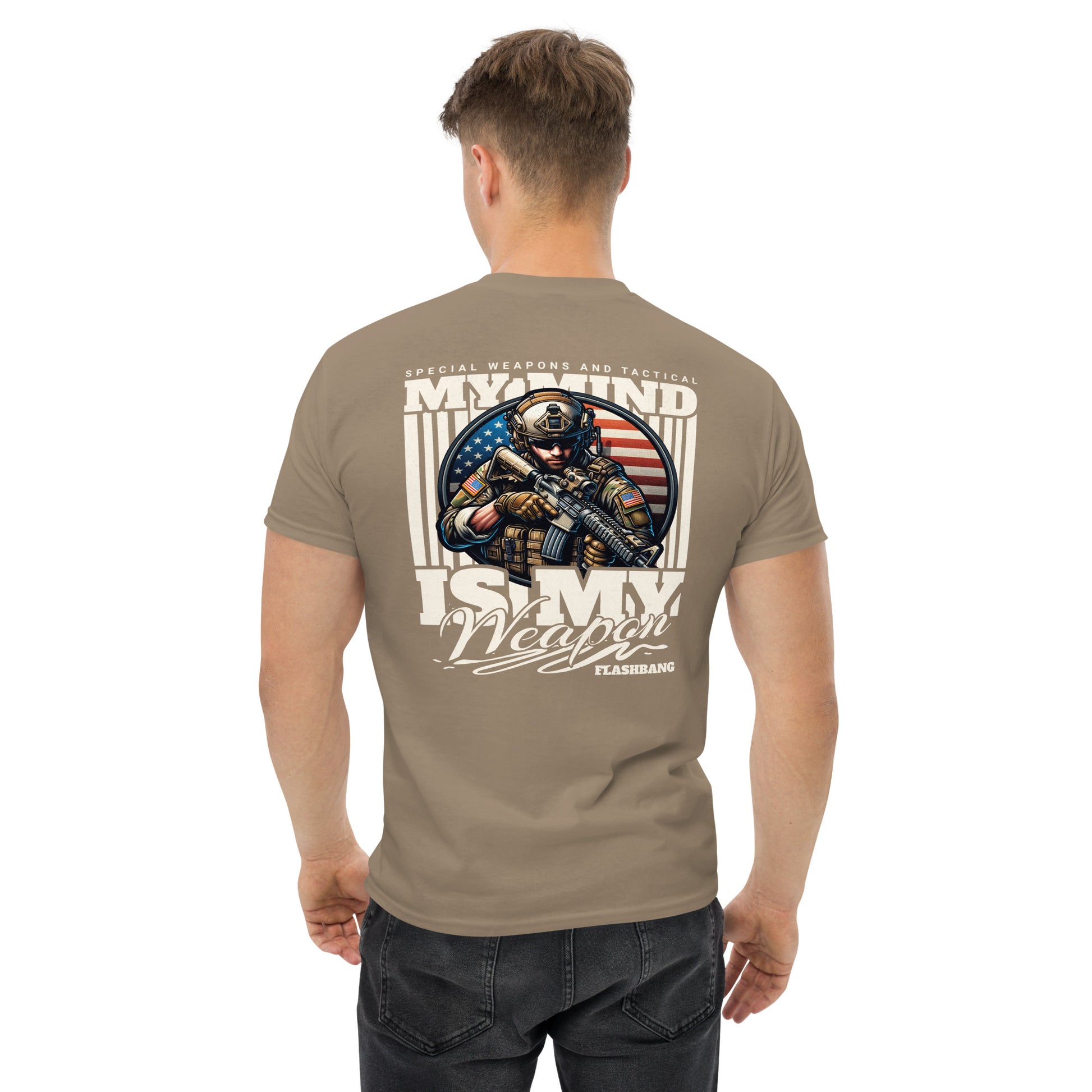 Man wearing a brown t-shirt with a graphic design on the back, featuring text and an American flag.