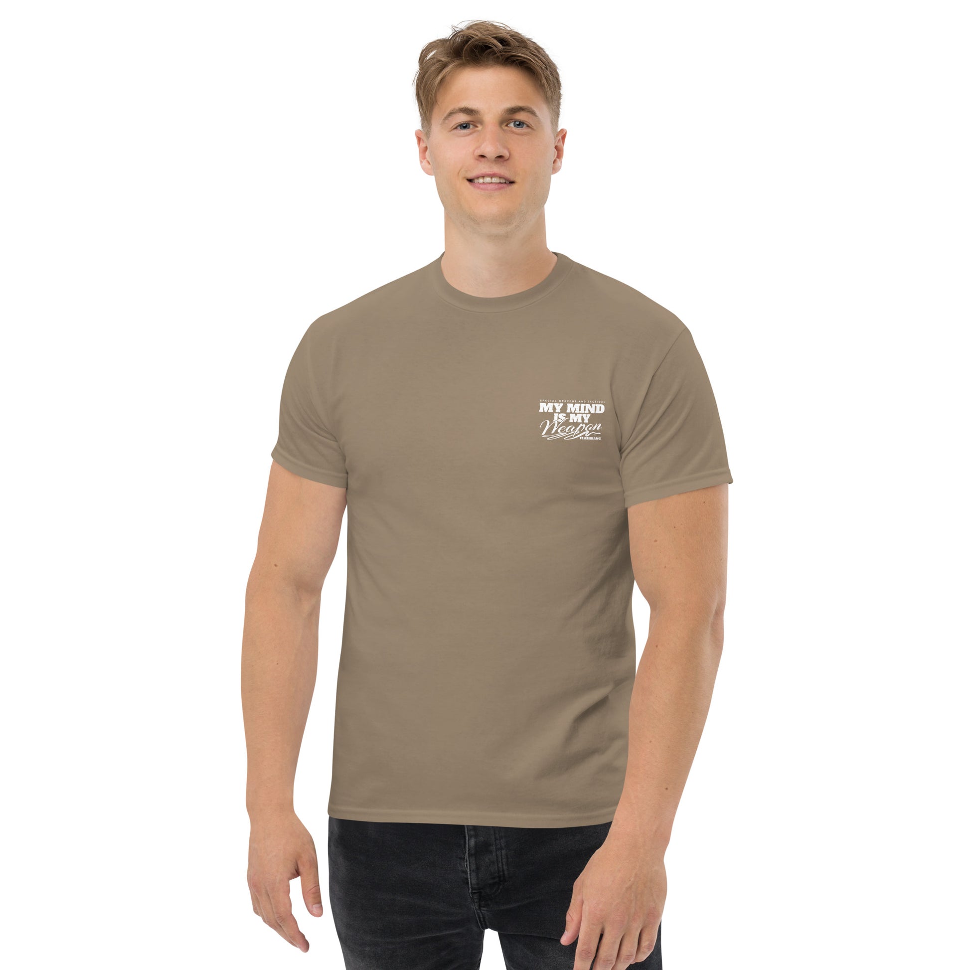 Man wearing a brown t-shirt with a logo on a white background