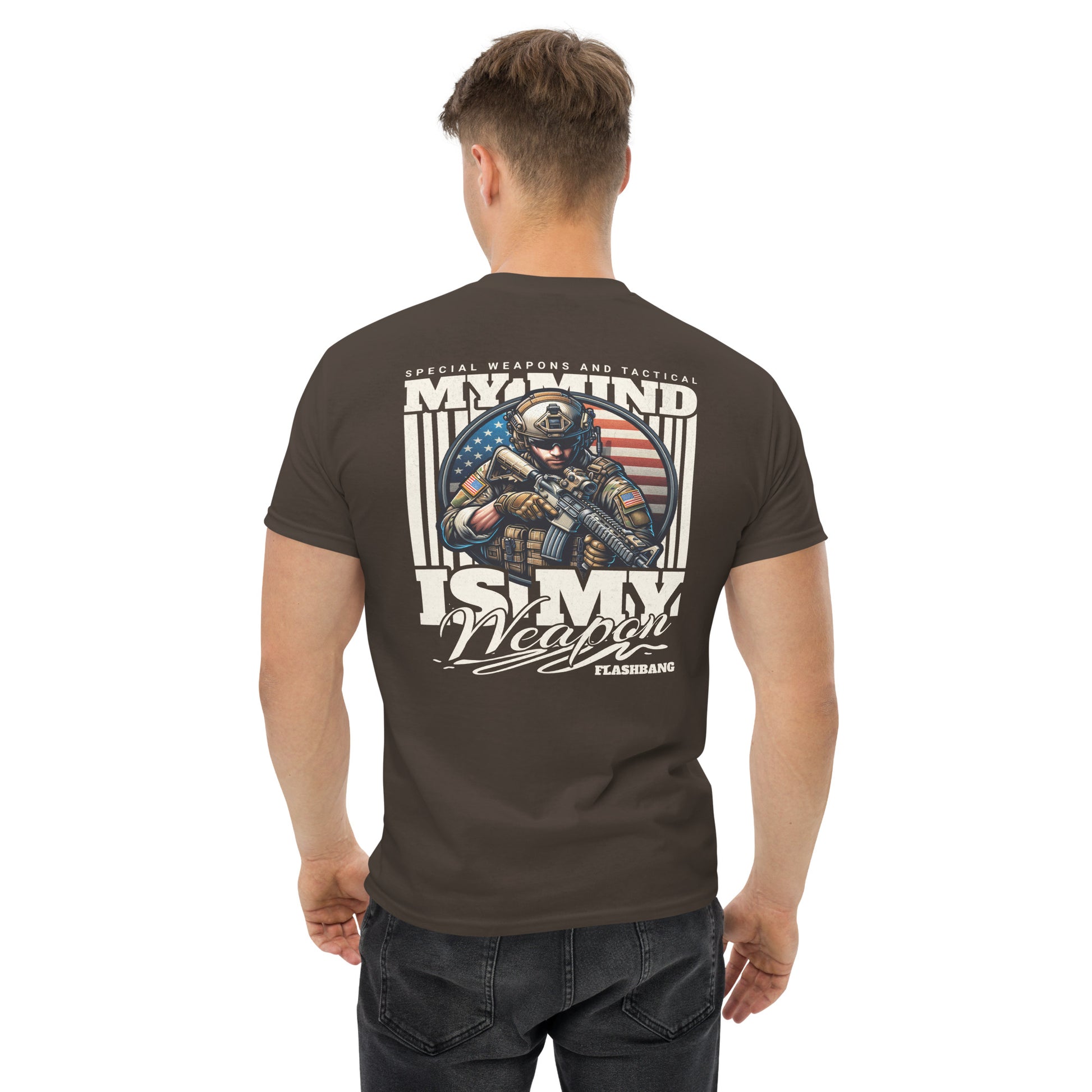 Man wearing a brown t-shirt with a graphic design on the back, featuring text and an American flag.