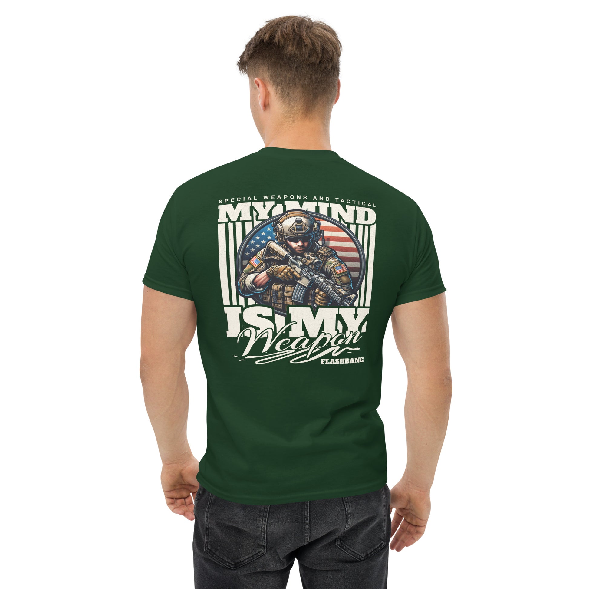 Man wearing a green t-shirt with a graphic design on the back, featuring text and an American flag.