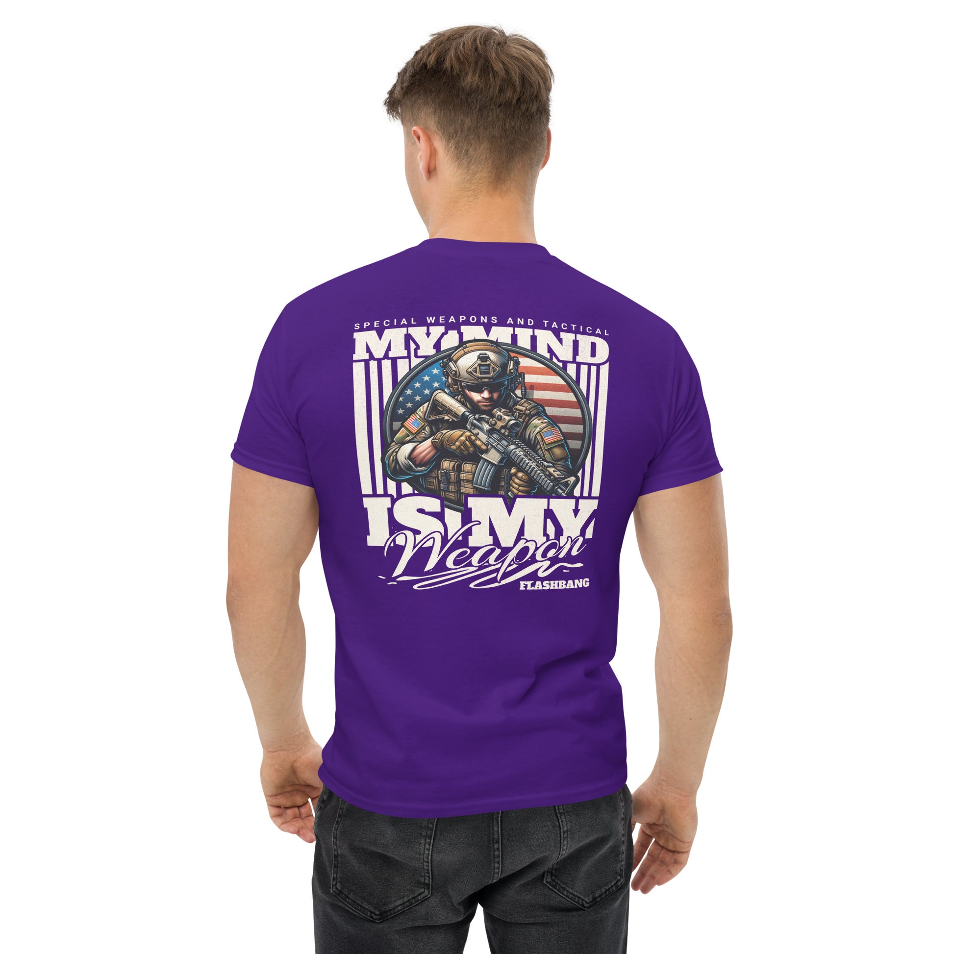 Man wearing a purple t-shirt with a graphic design on the back, featuring text and an American flag.