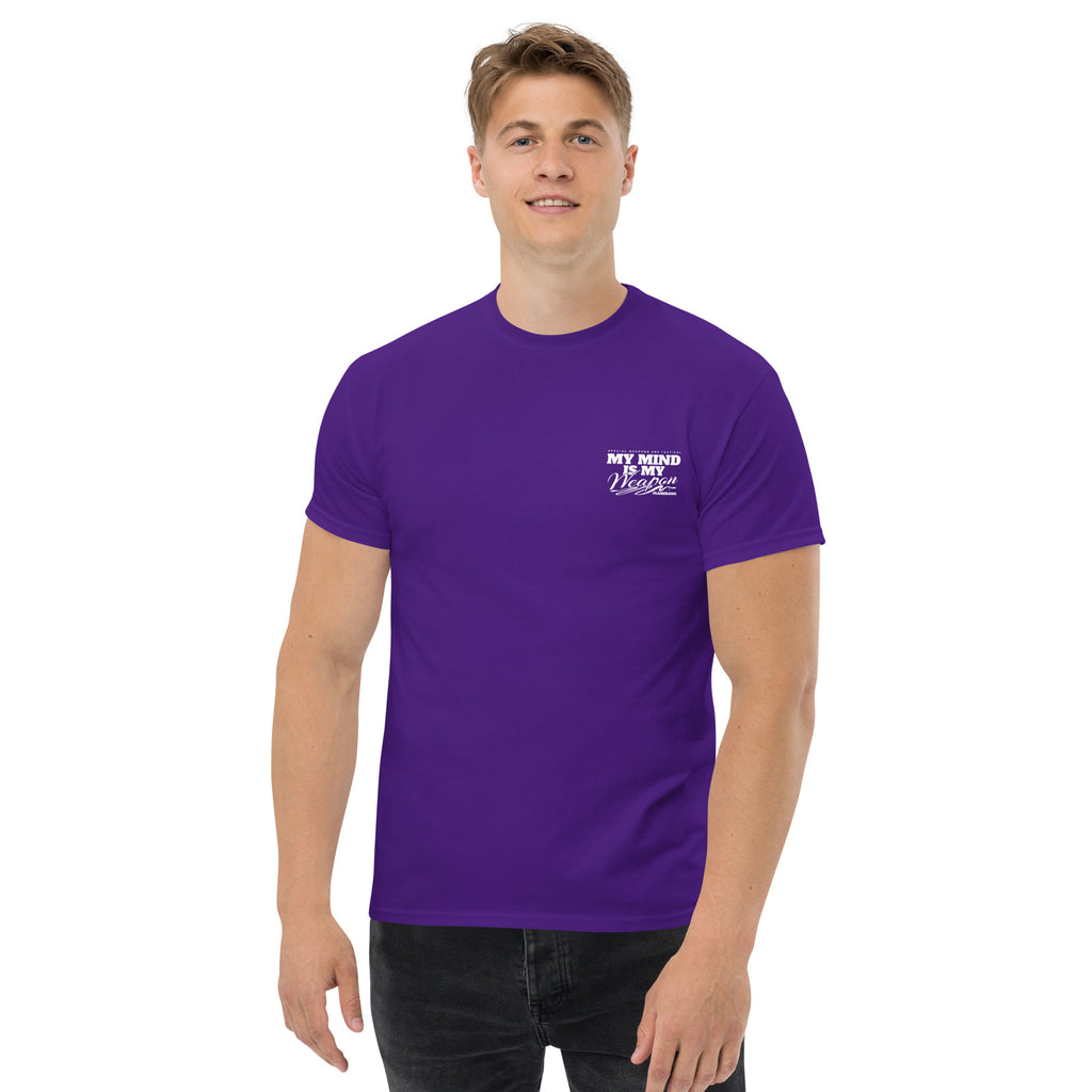 Man wearing a purple t-shirt with text on a white background
