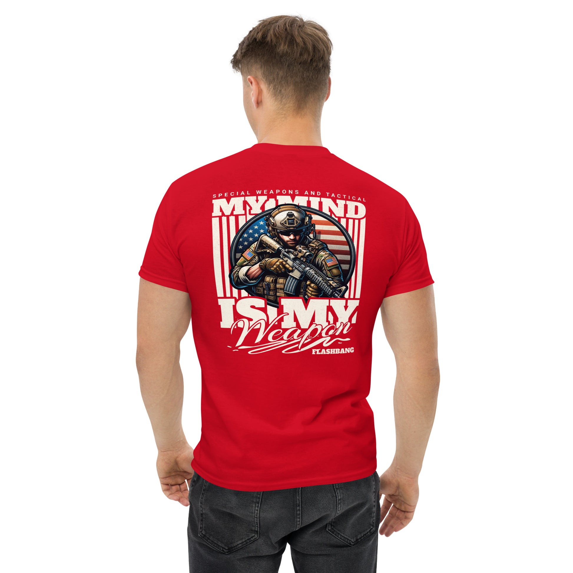 Red t-shirt with graphic design and text on a white background