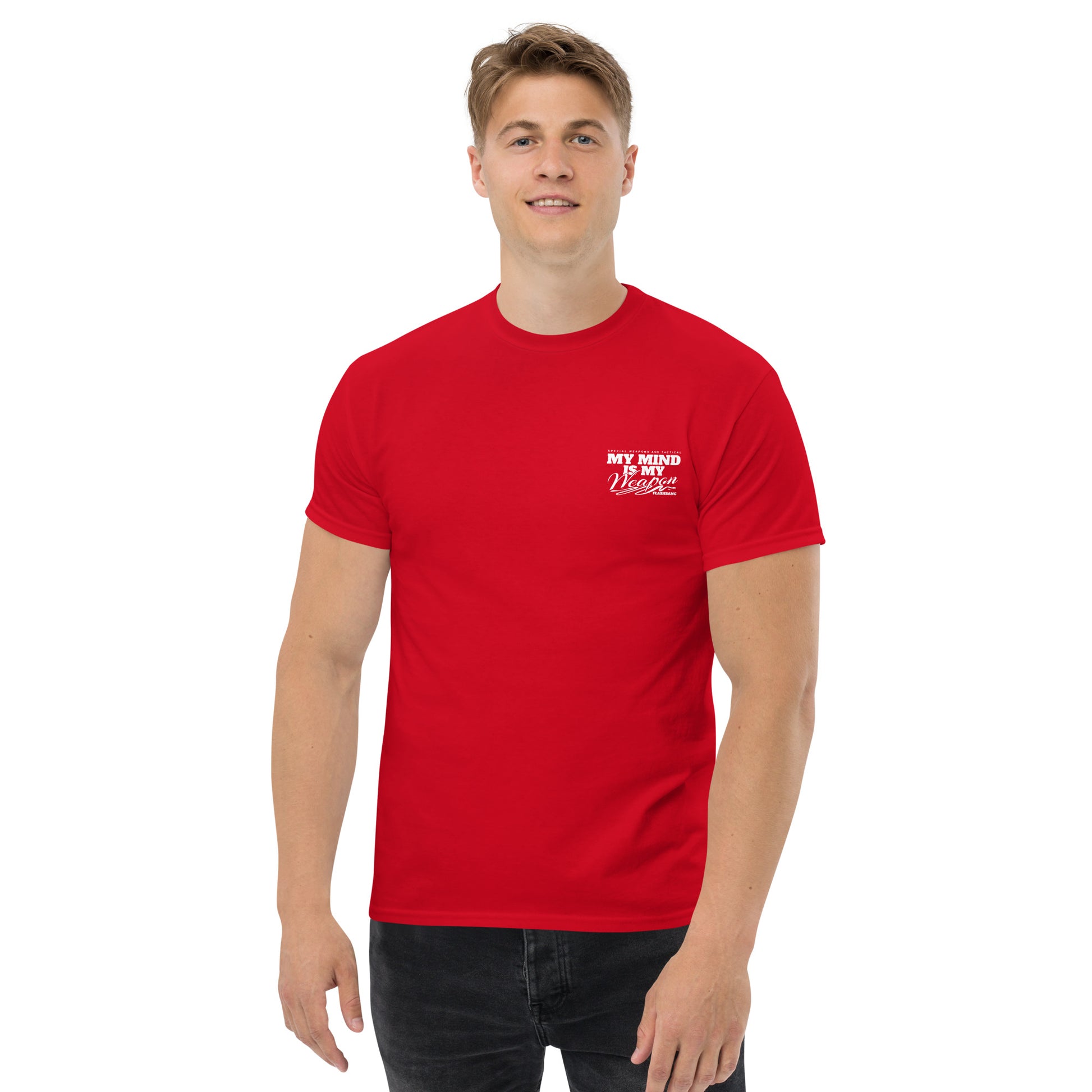 Man wearing a red t-shirt with a logo on a white background