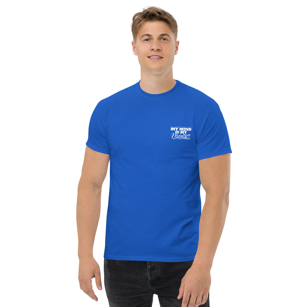 Man wearing a blue t-shirt with text on a white background