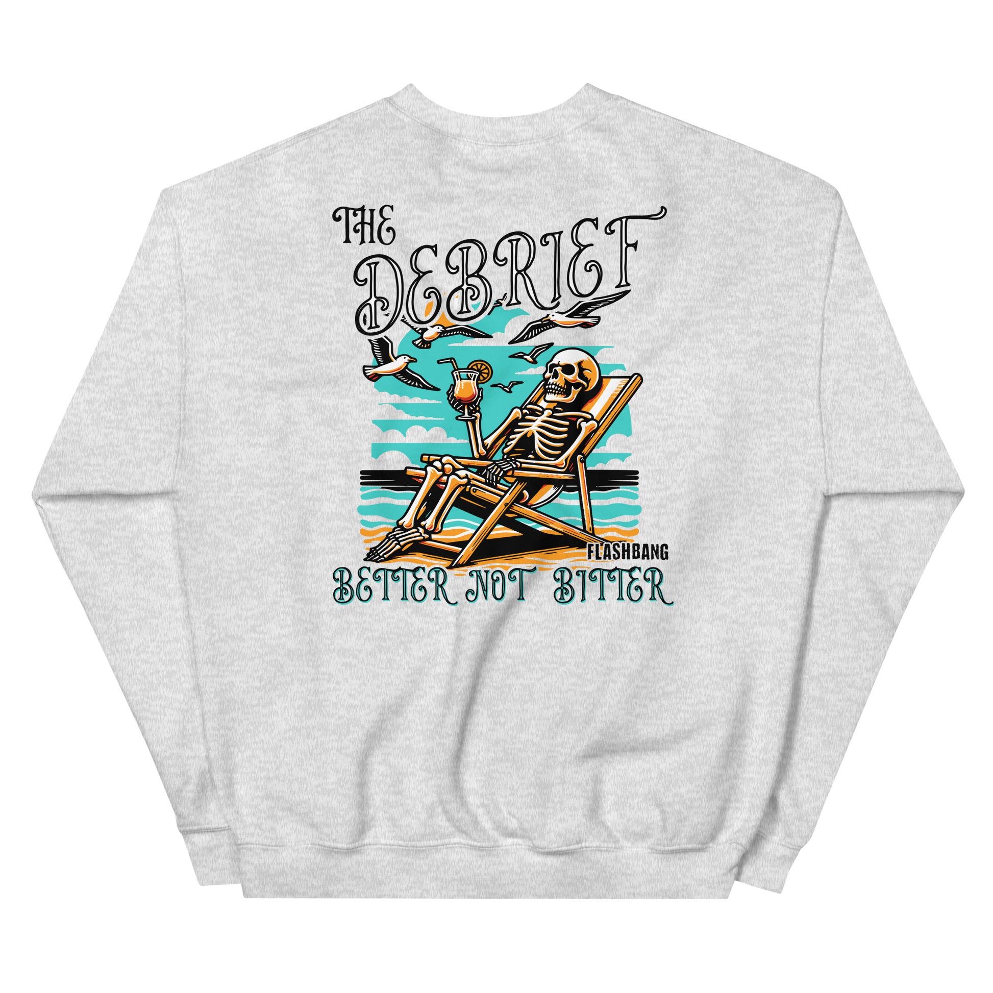 Gray sweatshirt with a skeleton design and text on the back, on a white background
