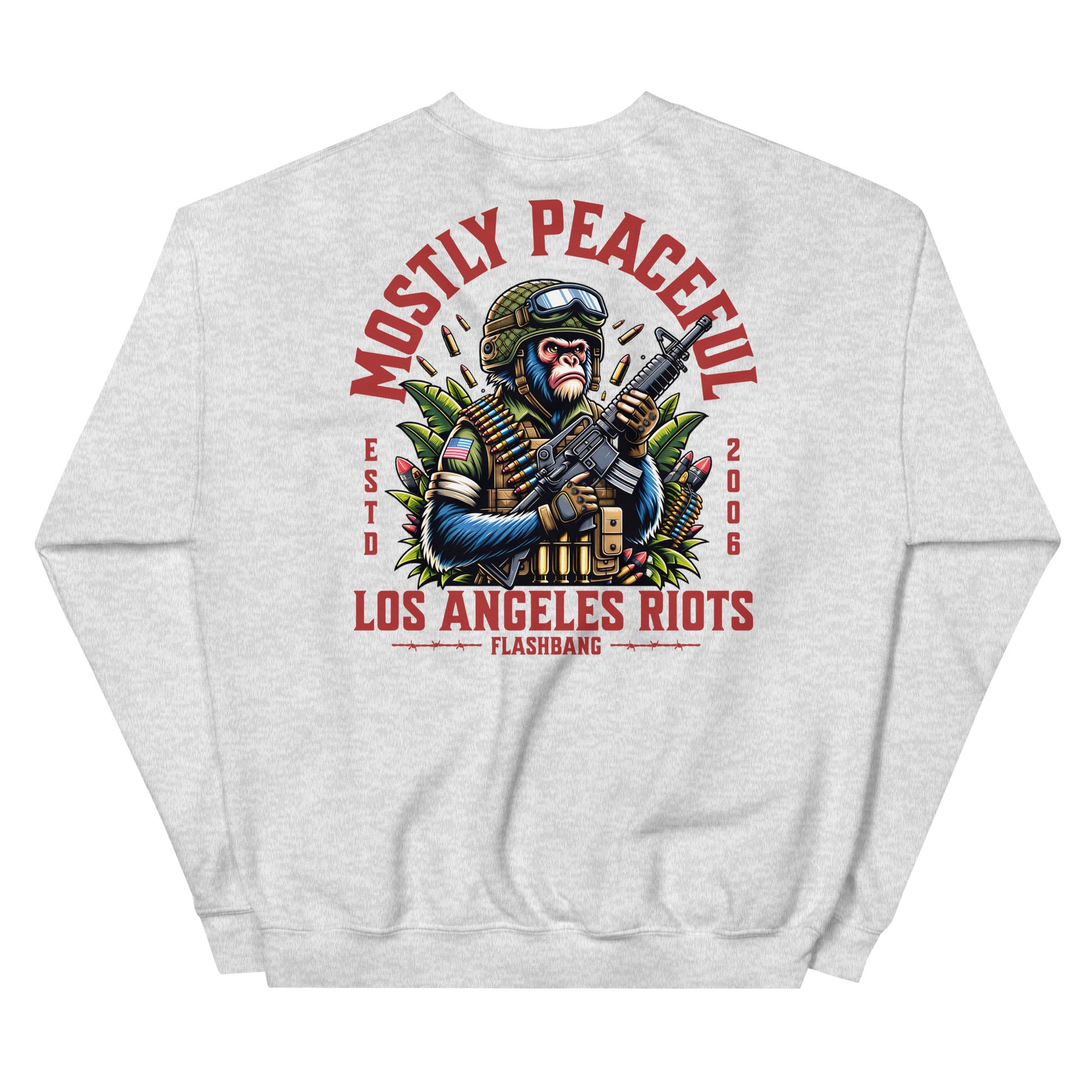 Gray sweatshirt with a graphic design featuring a monkey holding a gun and text on a white background