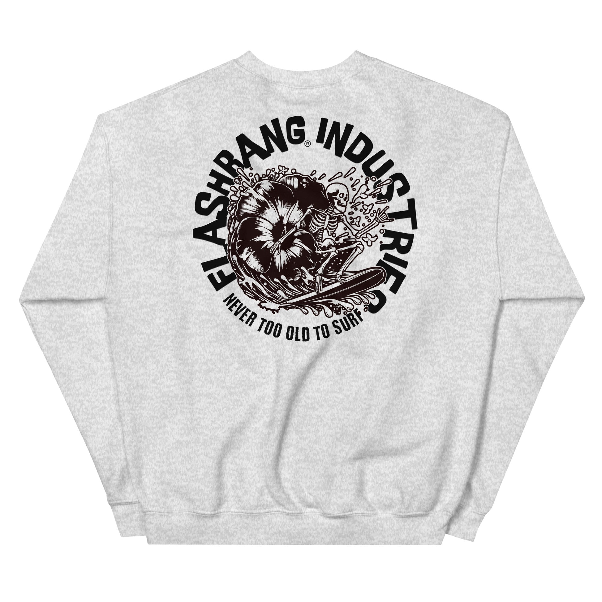 Gray sweatshirt with black graphic design and text on a white background