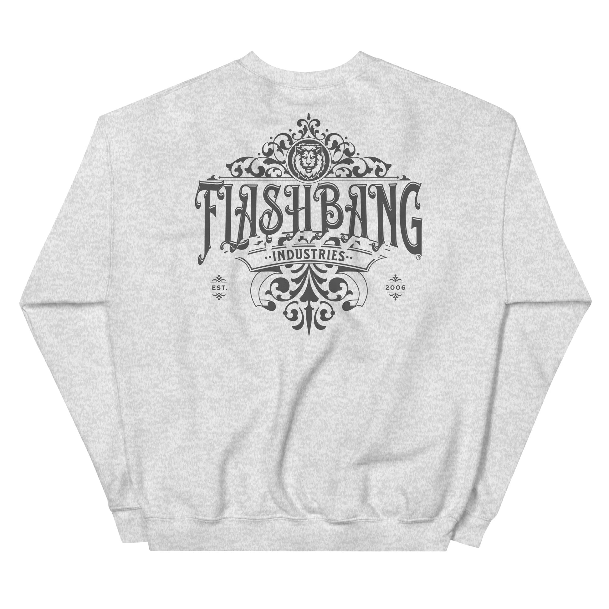Gray sweatshirt with 'Flashbang Industries' logo on a white background