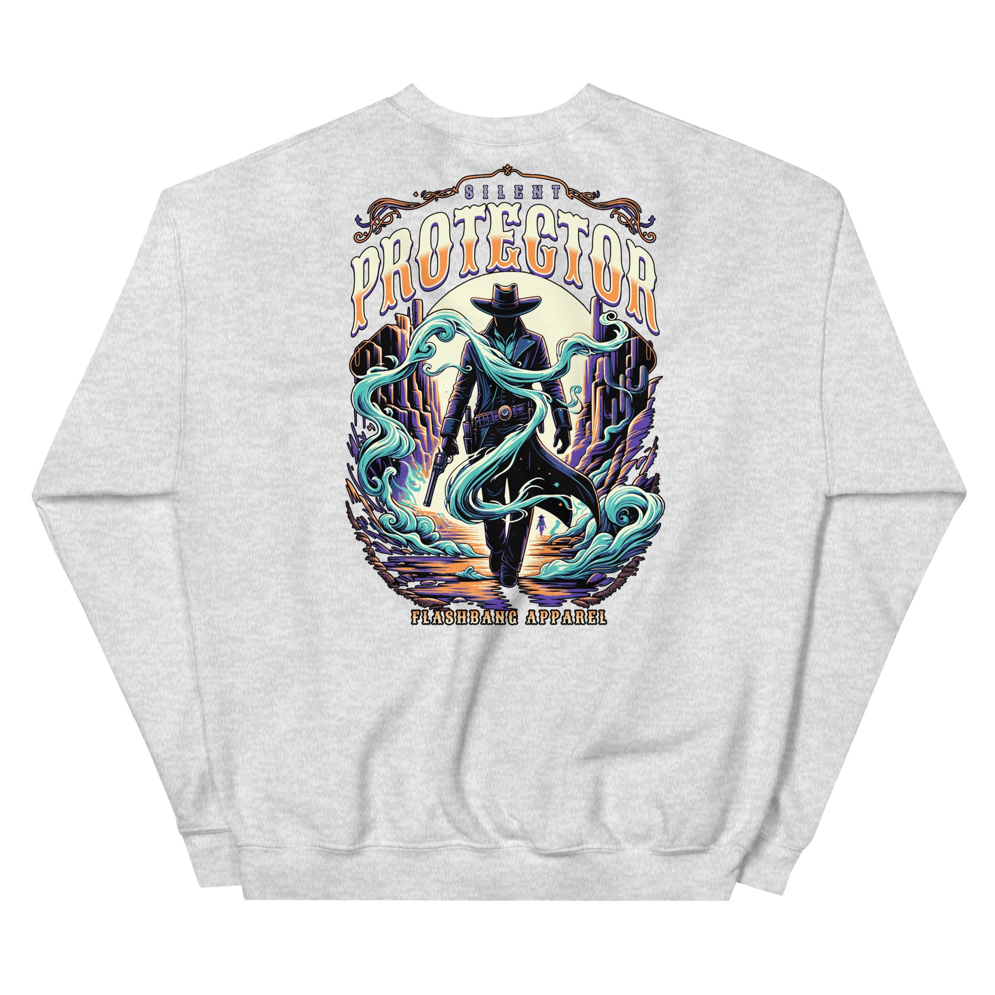 Gray sweatshirt with a colorful graphic design on the back featuring a cowboy and text.