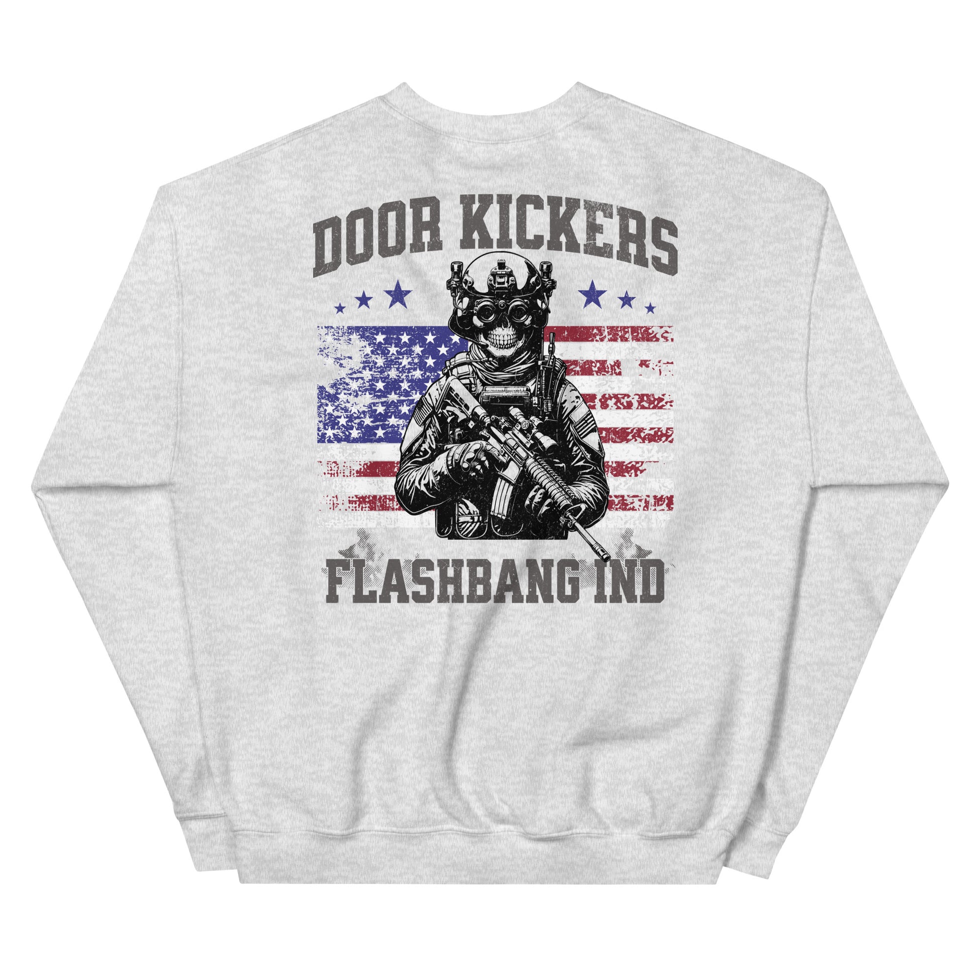 Gray sweatshirt with graphic design and text on a white background