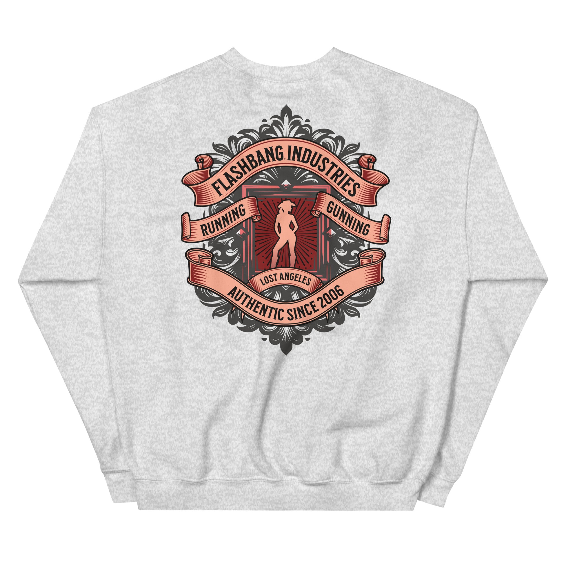 Gray sweatshirt with a detailed graphic design on the back on a white background