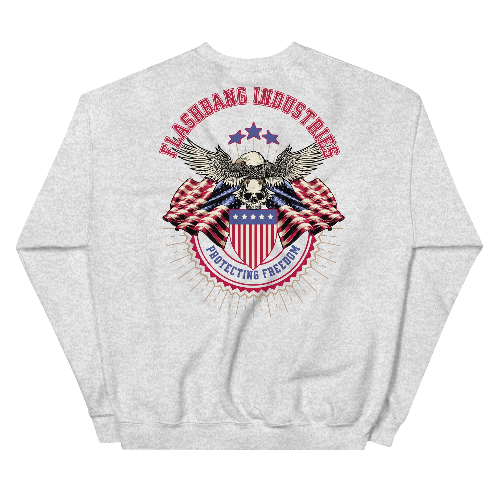 Gray sweatshirt with a patriotic design featuring an eagle and American flag on a white background