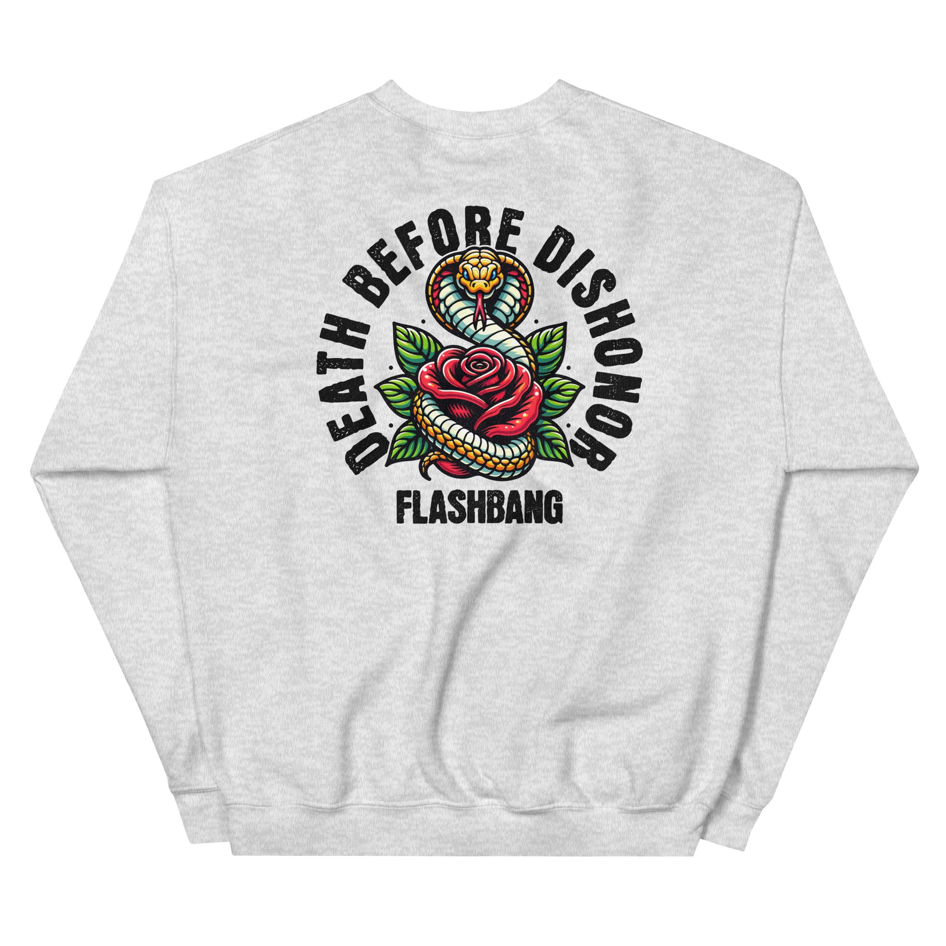 Gray sweatshirt with 'Death Before Dishonor Flashbang' design on a white background