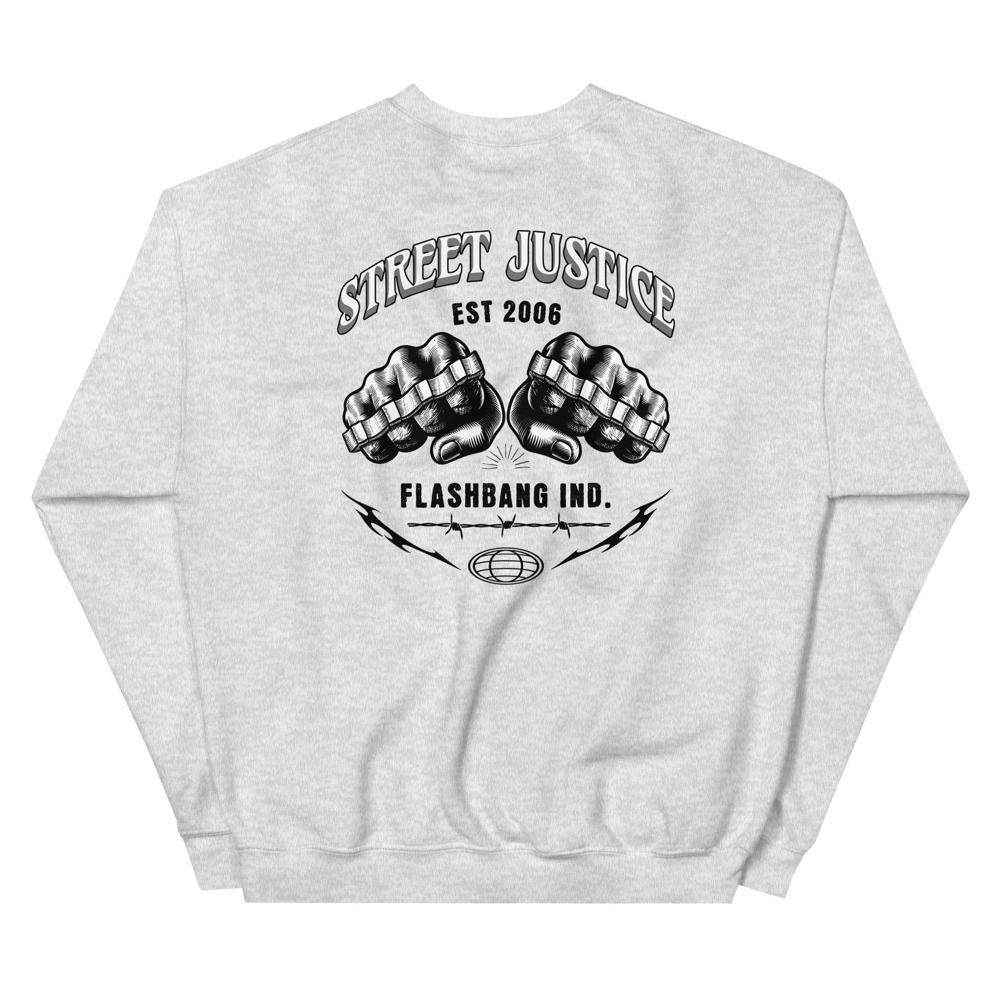 Gray sweatshirt with black graphic design on the back featuring fists and text.