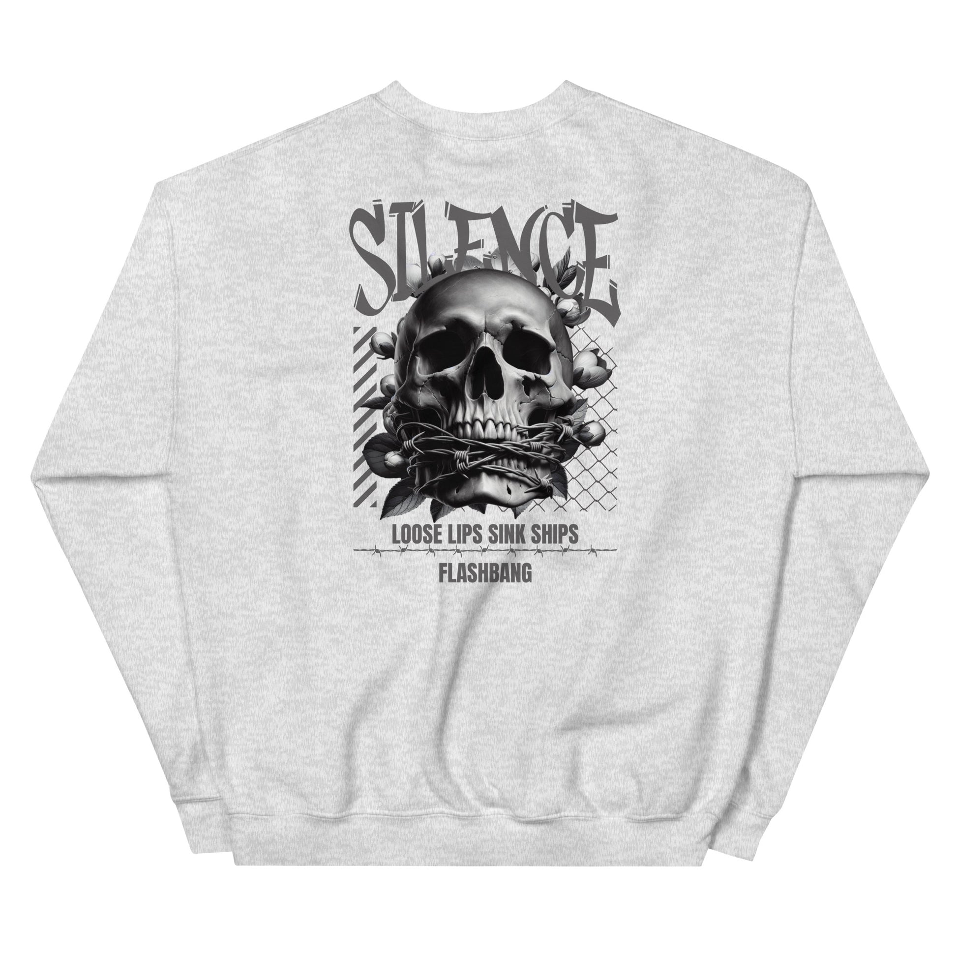 Gray sweatshirt with a skull graphic and text on the back against a white background