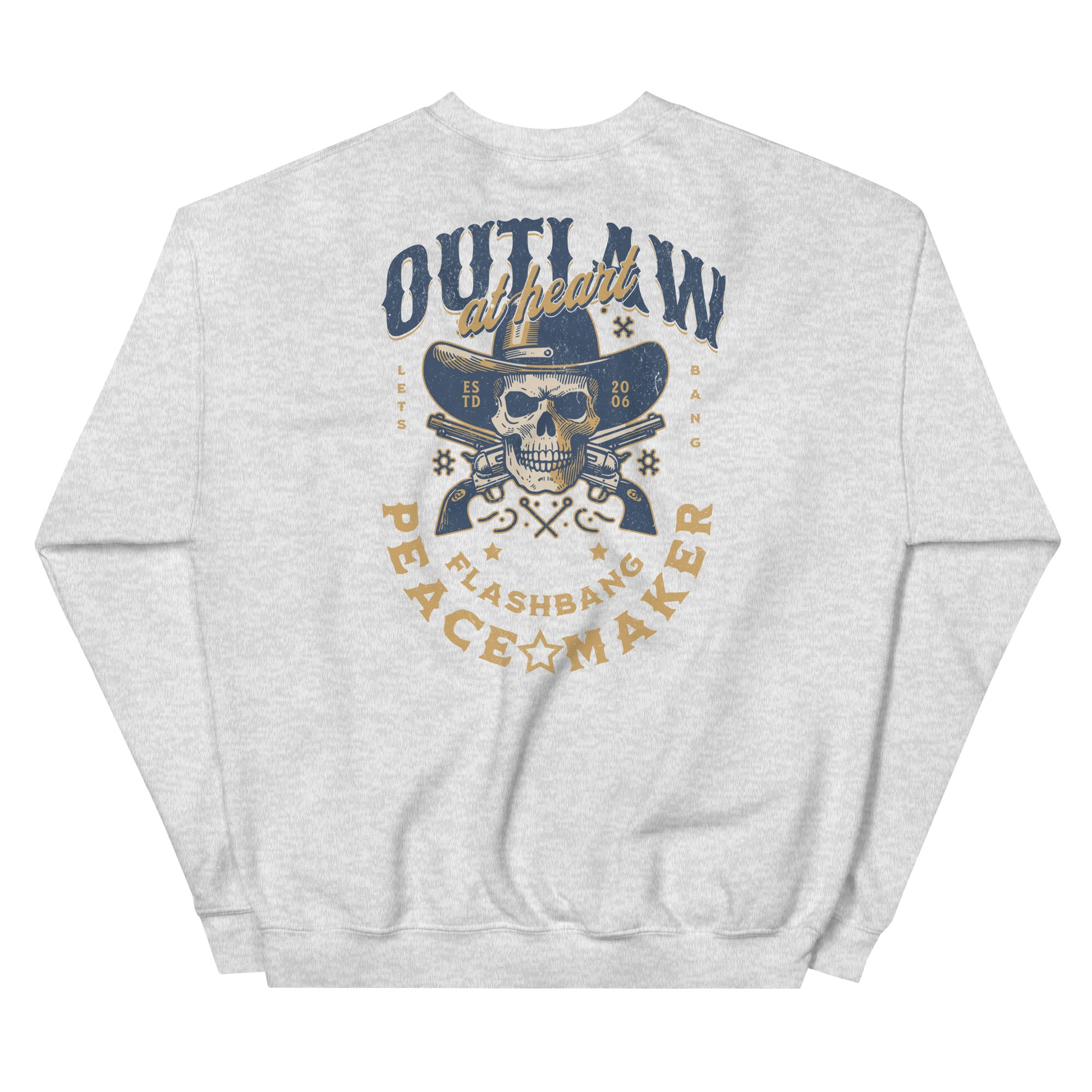 Gray sweatshirt with a graphic design on the back featuring a skull, hat, and text.