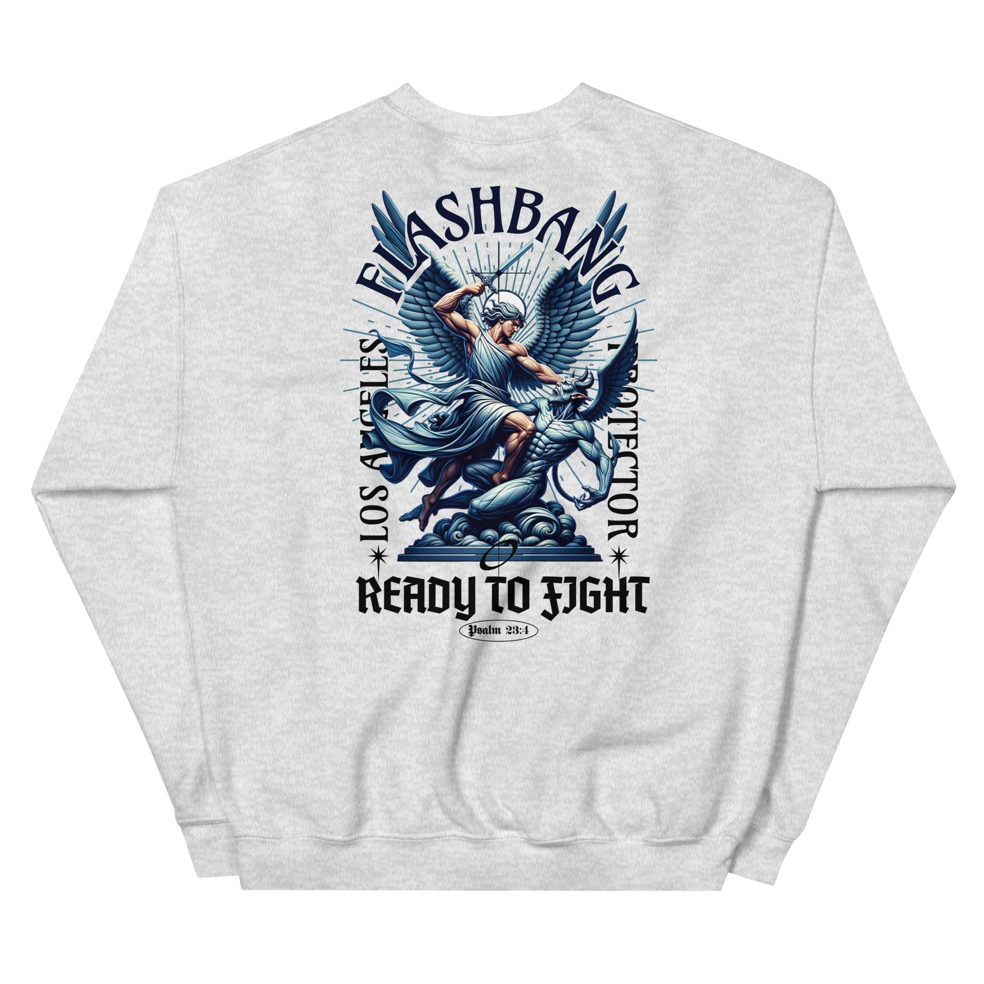 Gray sweatshirt with a graphic design on the back featuring an angel and text.