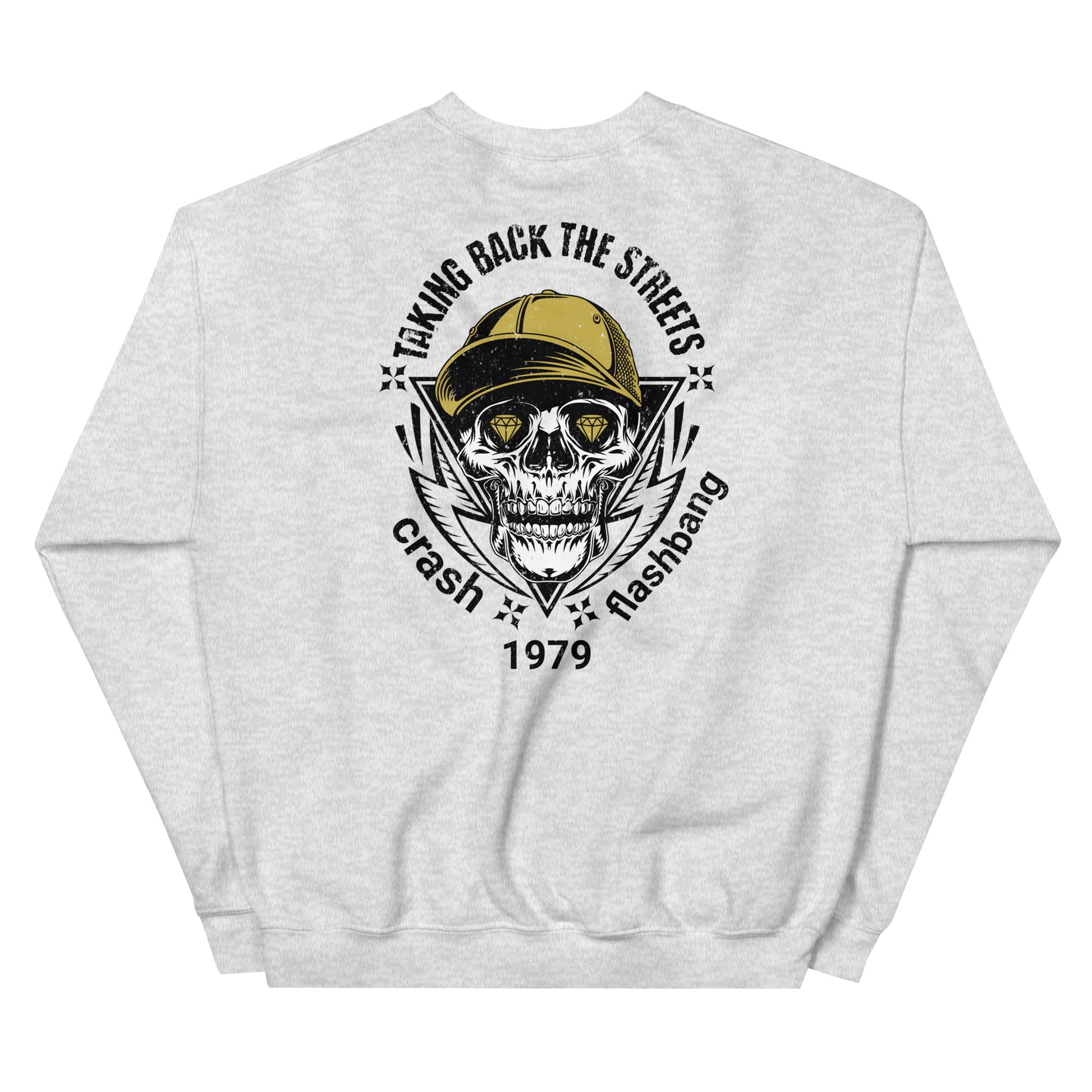 Gray sweatshirt with a skull and cap graphic and text on the back against a white background