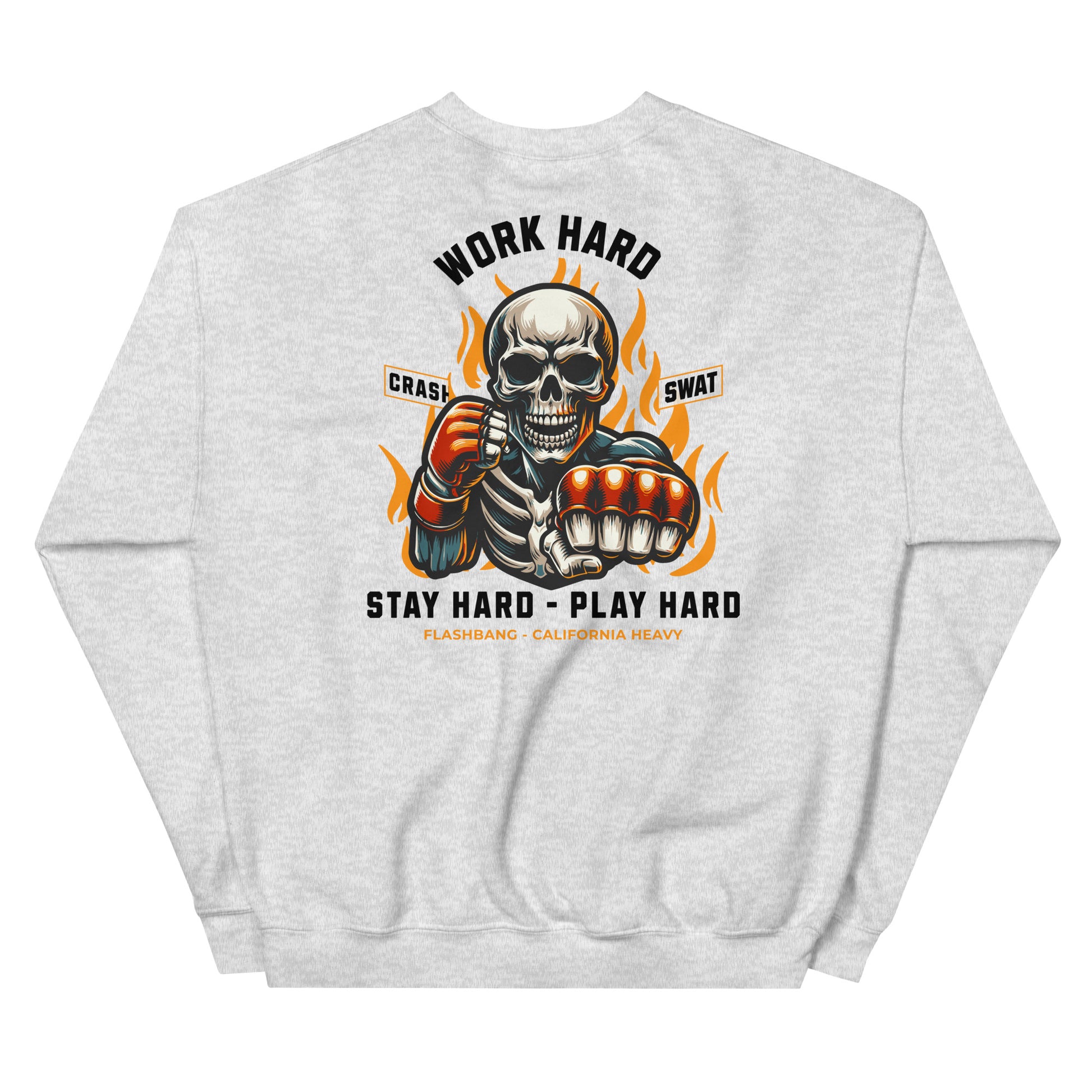 Gray sweatshirt with a graphic design of a skeleton holding fists and text on the back.