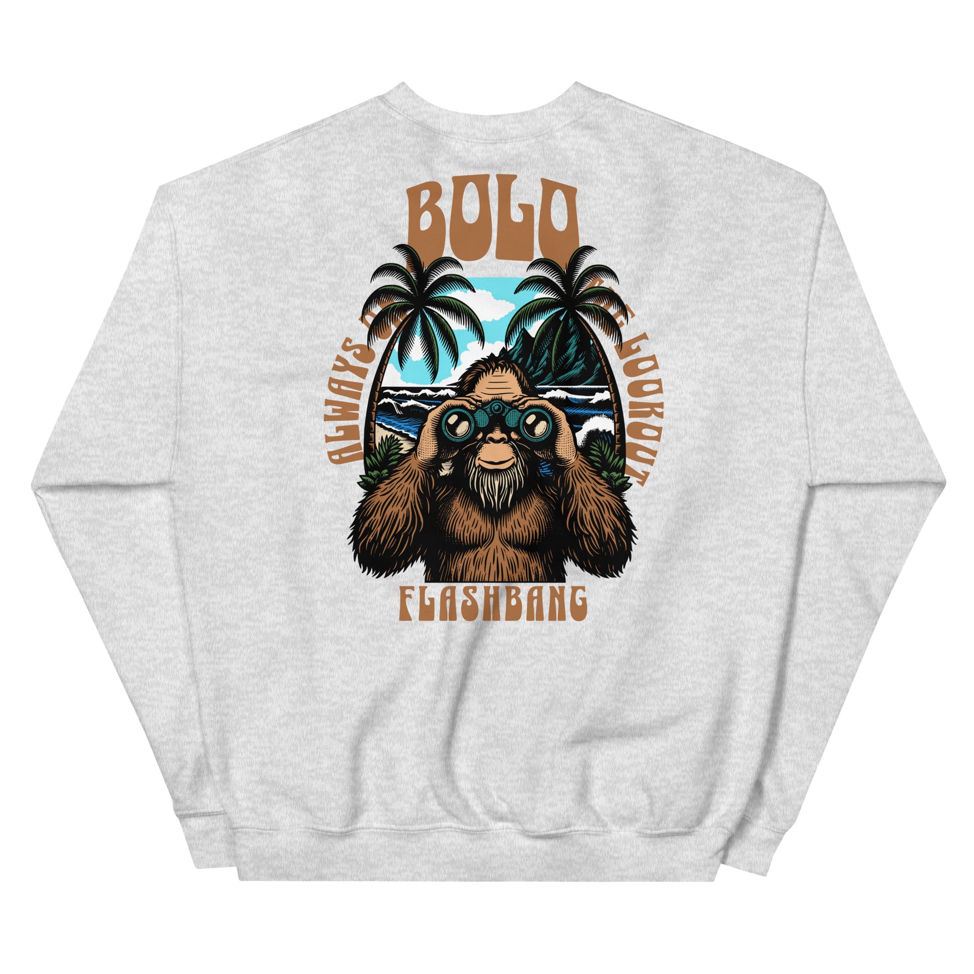 Gray sweatshirt with a graphic of a sloth, palm trees, and text on the back against a white background