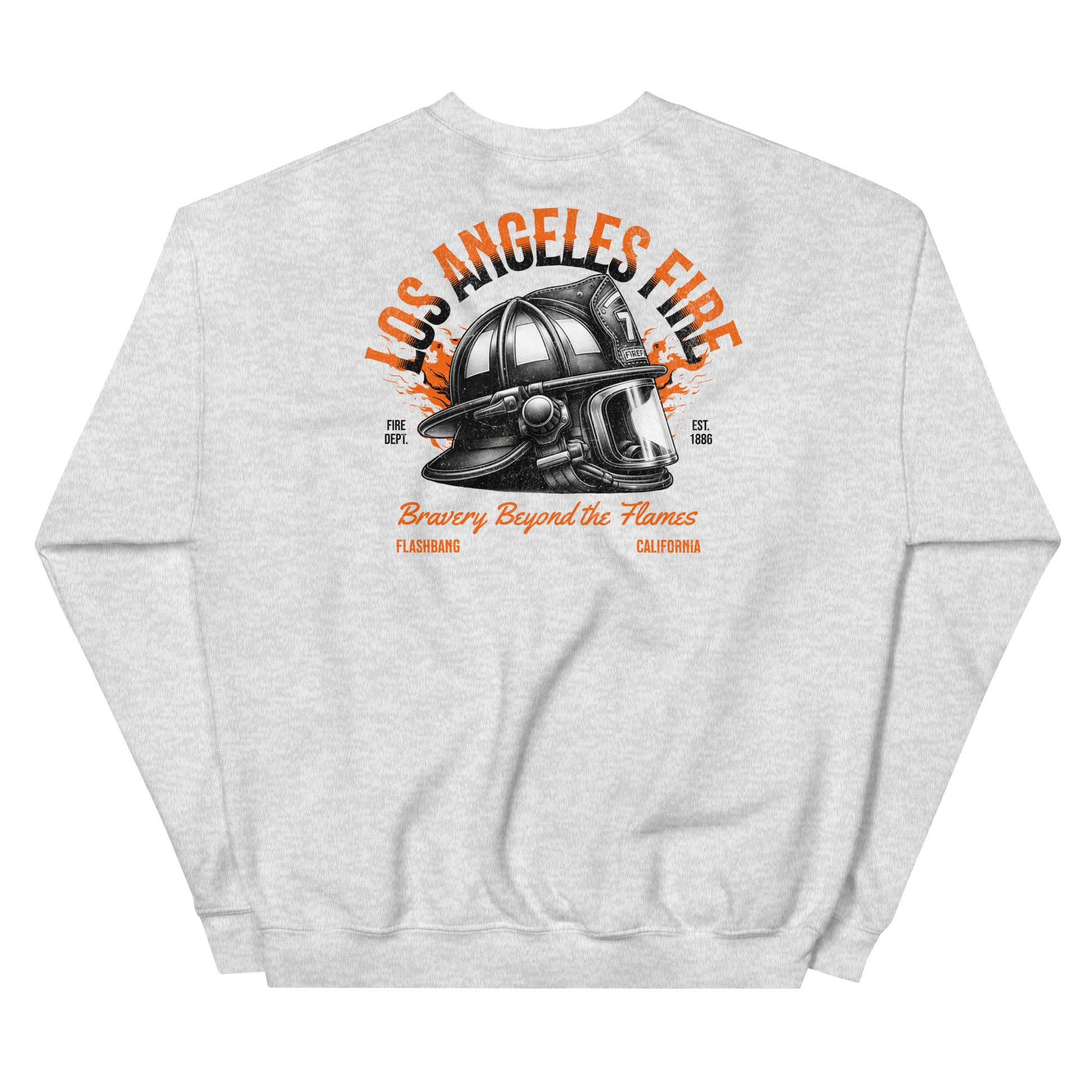 Gray sweatshirt with a fire helmet graphic and text on the back, on a white background