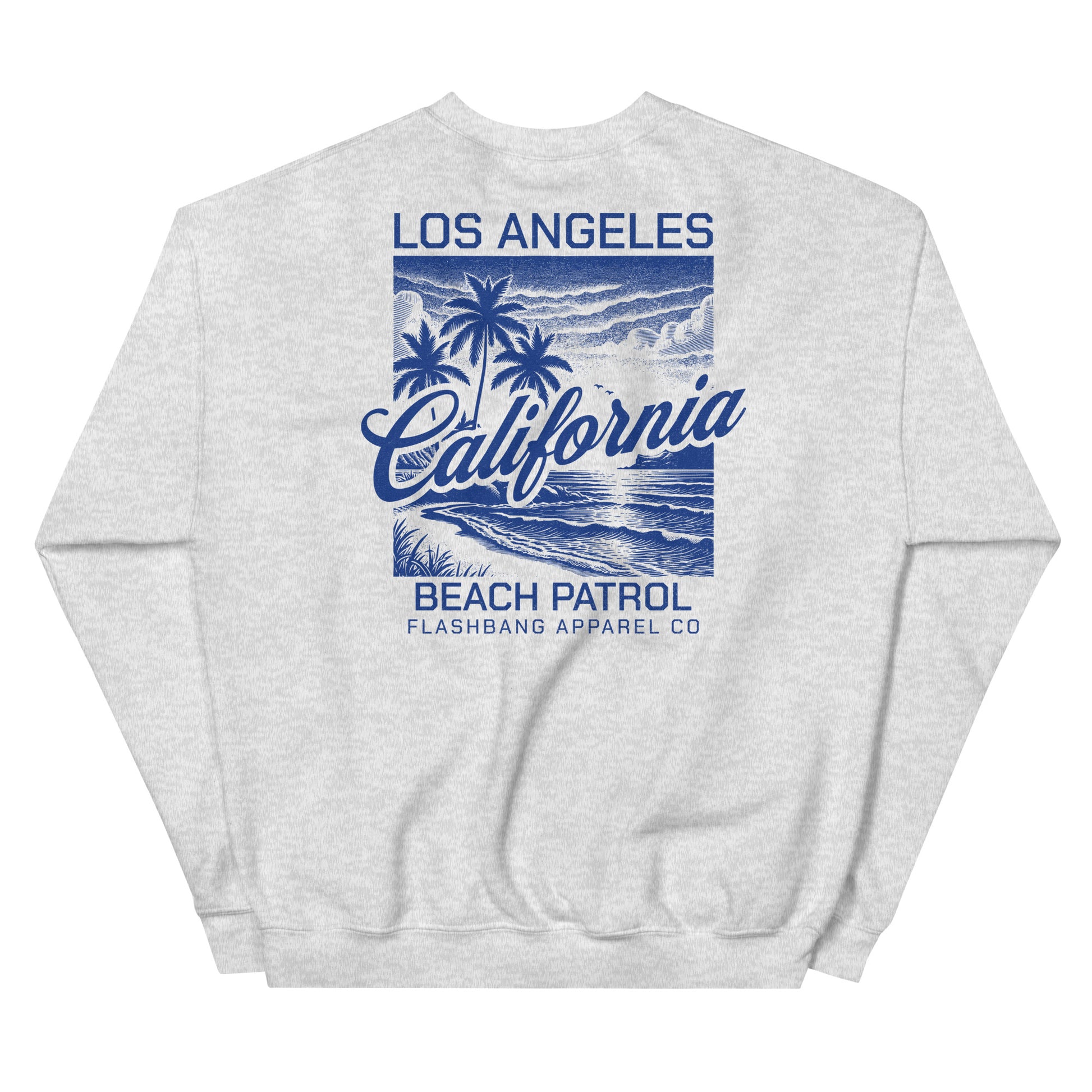 Gray sweatshirt with blue 'Los Angeles California Beach Patrol' design on a white background