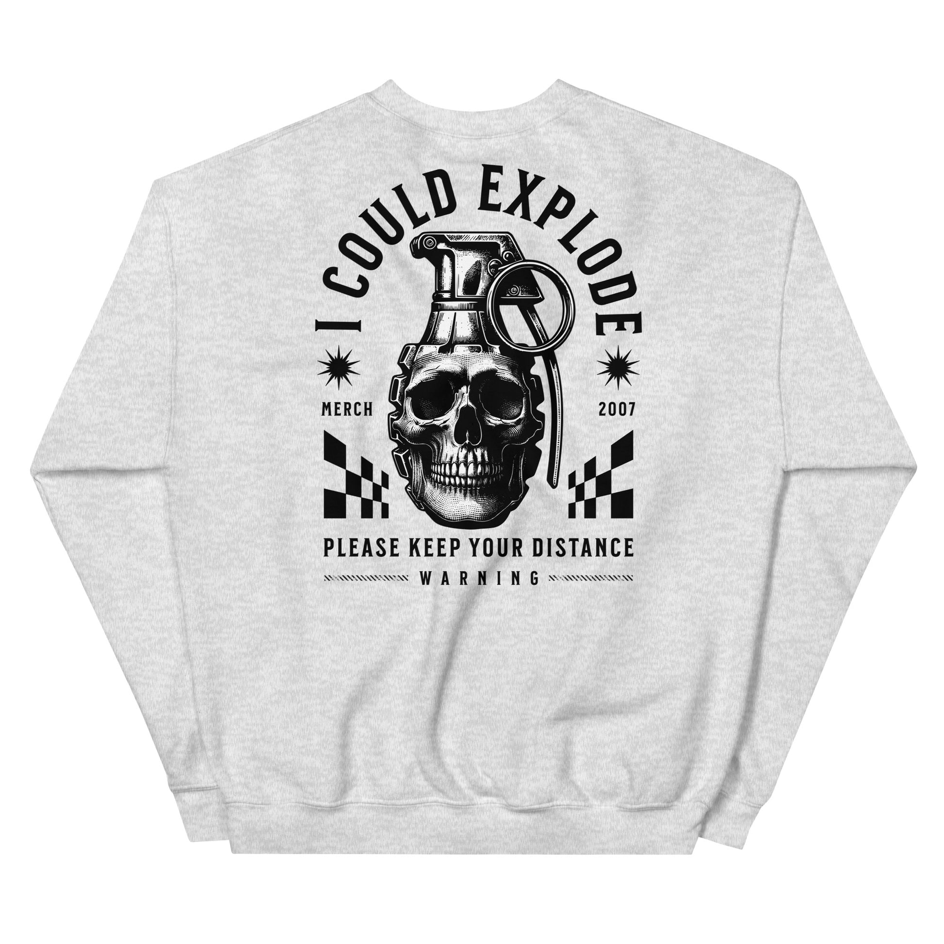 Gray sweatshirt with a graphic design featuring a skull and grenade on the back, on a white background.