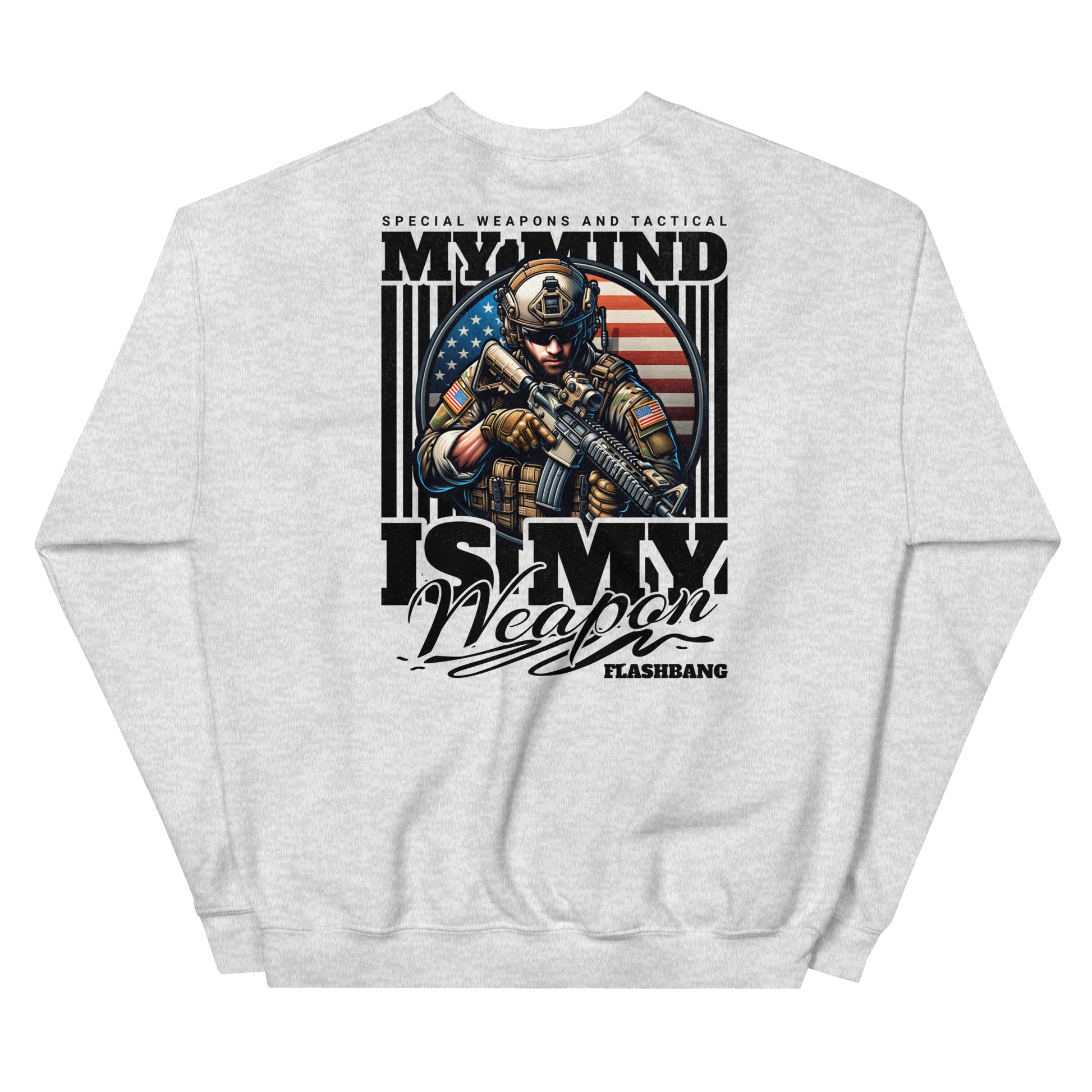 Gray sweatshirt with a graphic of a soldier and text on a white background