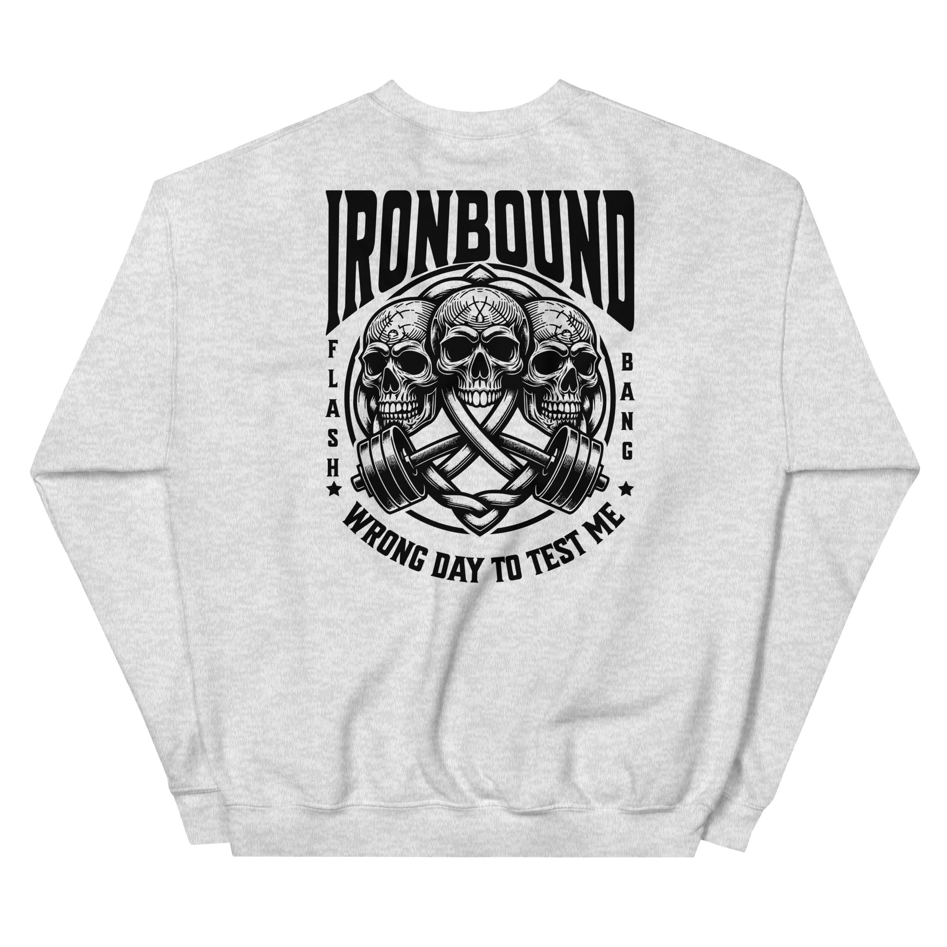Gray sweatshirt with skull and barbell graphic and 'Ironbound' text on a white background