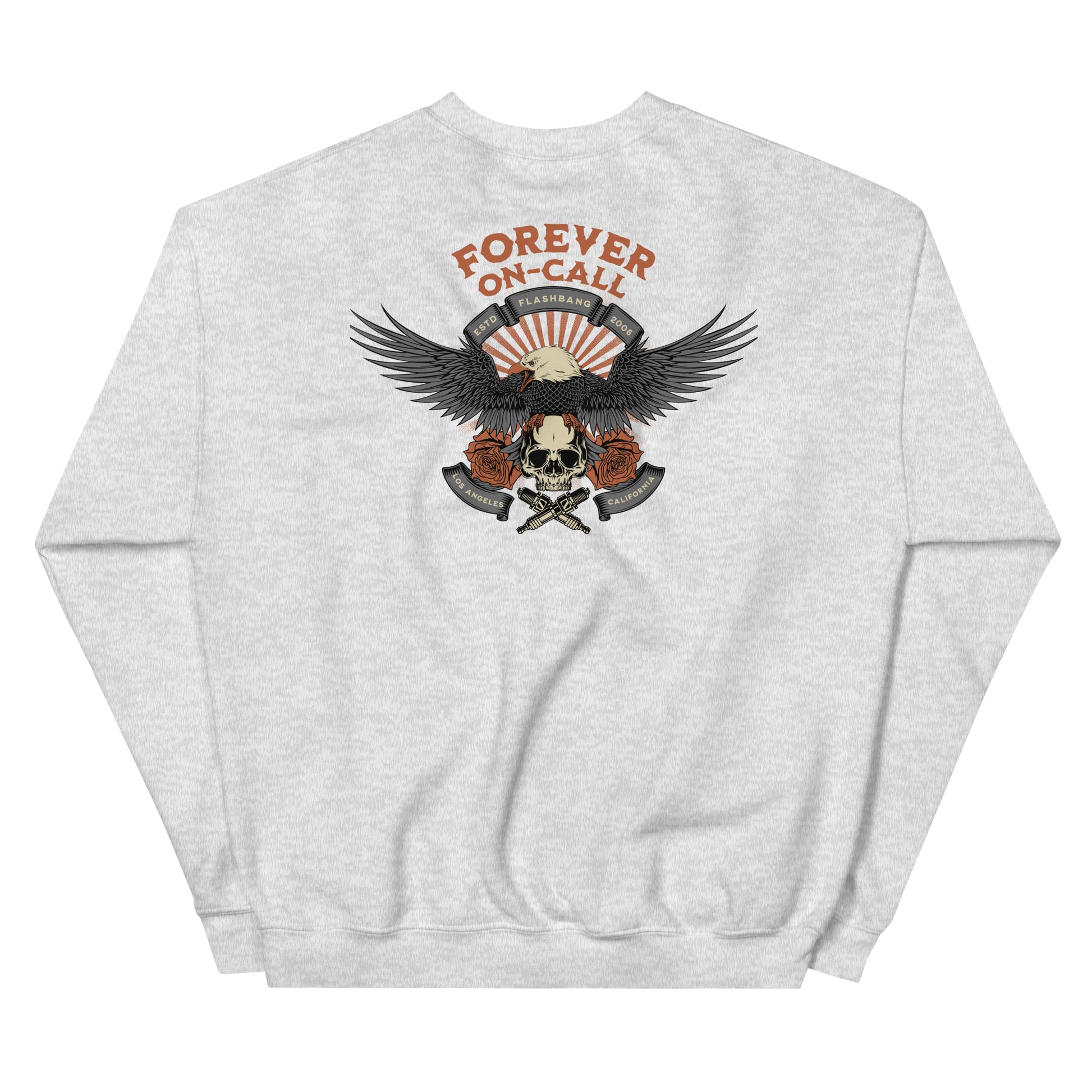 Gray sweatshirt with an eagle and skull design on the back, featuring the text 'Forever On Call'.