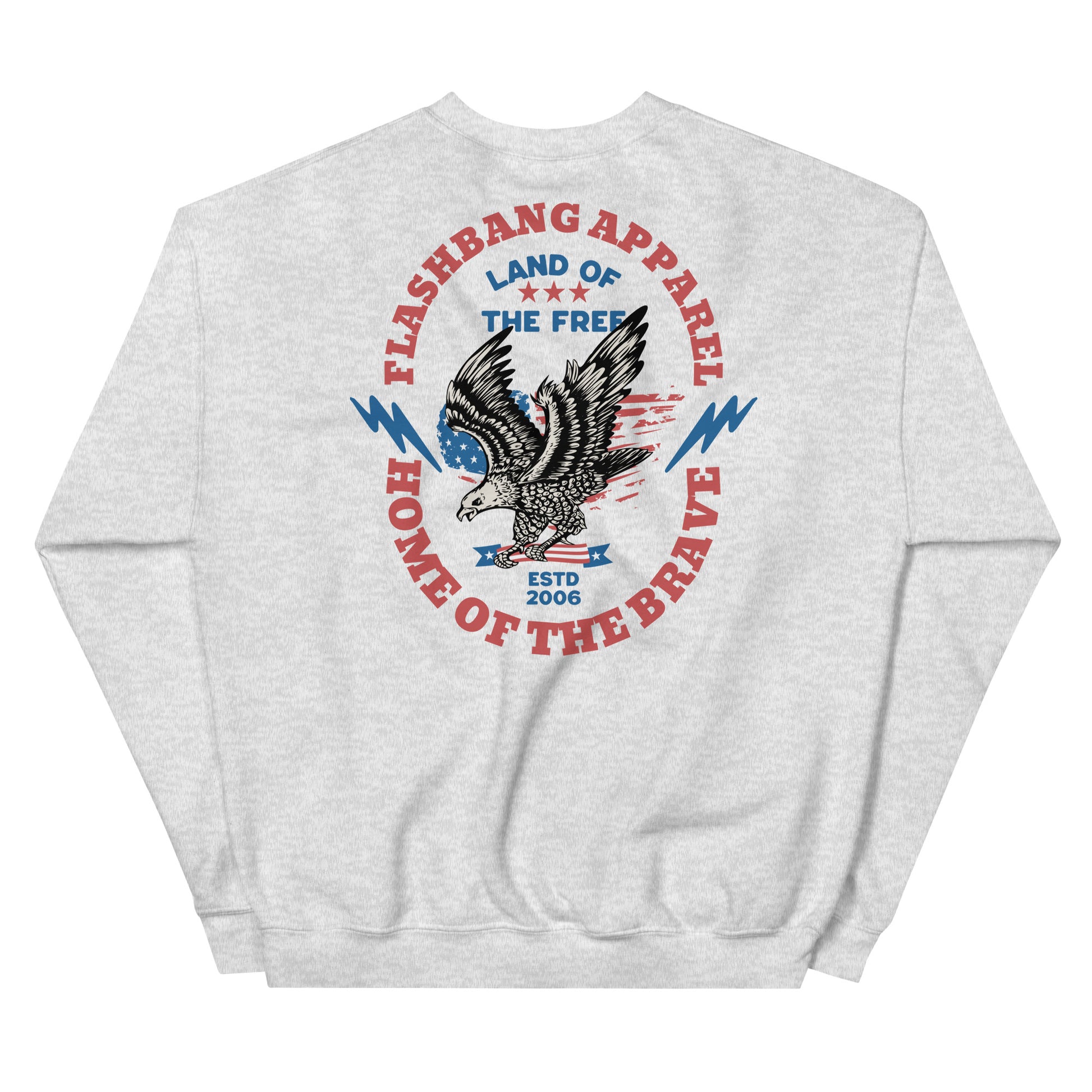 Gray sweatshirt with an eagle graphic and text on a white background