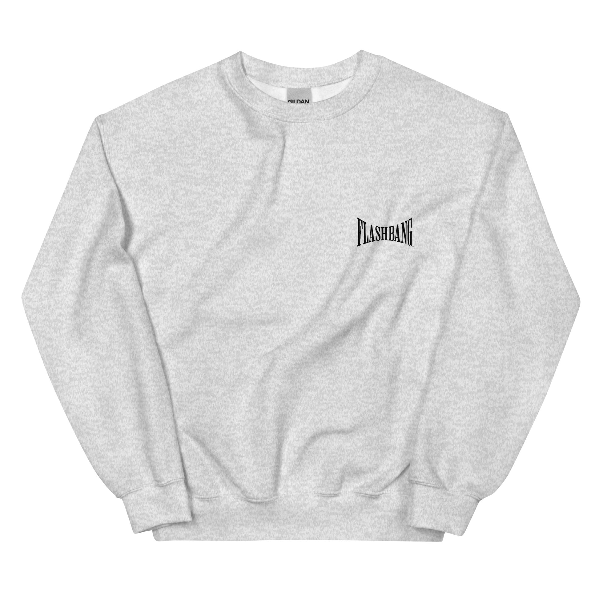 Gray sweatshirt with 'FLASHBANG' logo on a white background