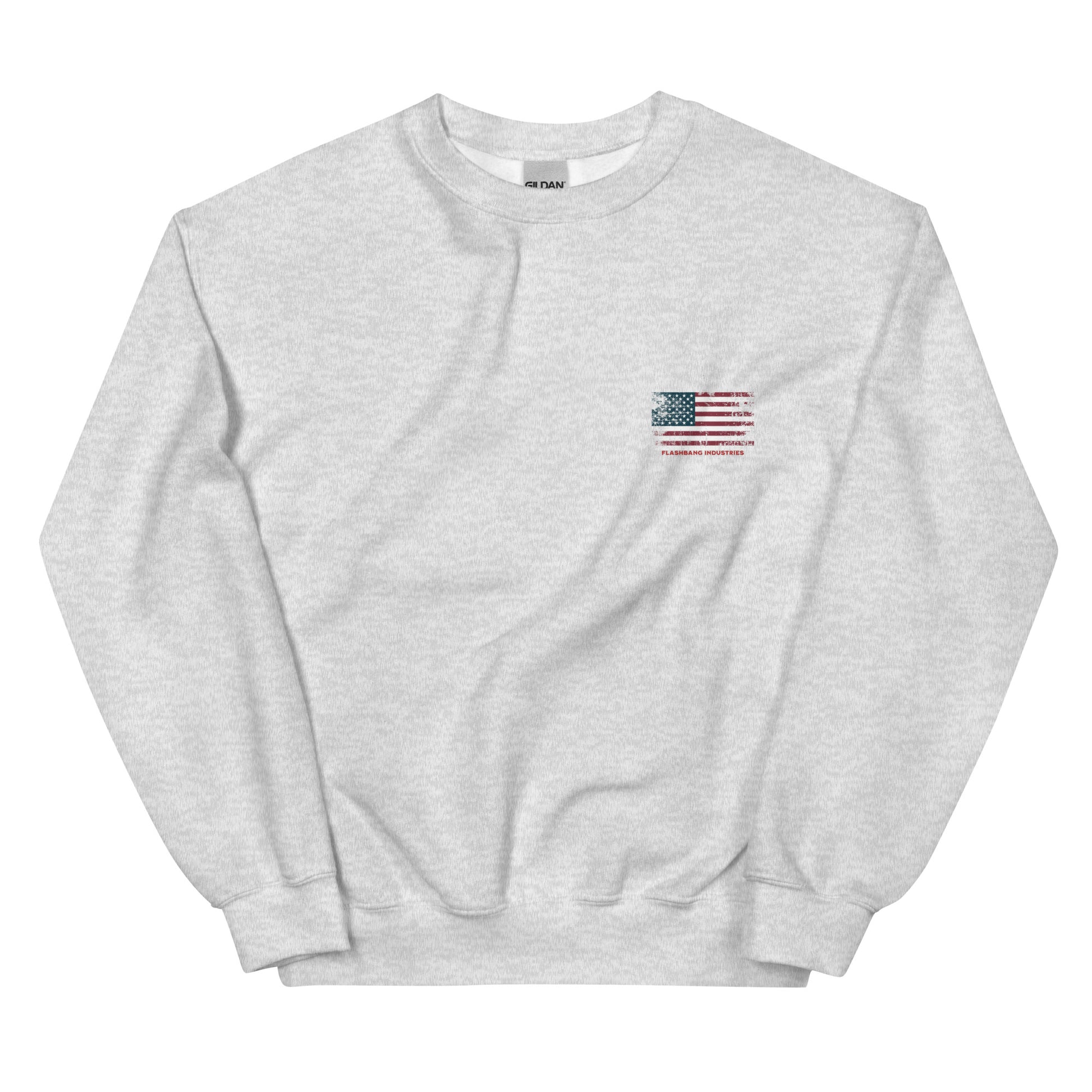 Gray sweatshirt with a small American flag patch on a white background