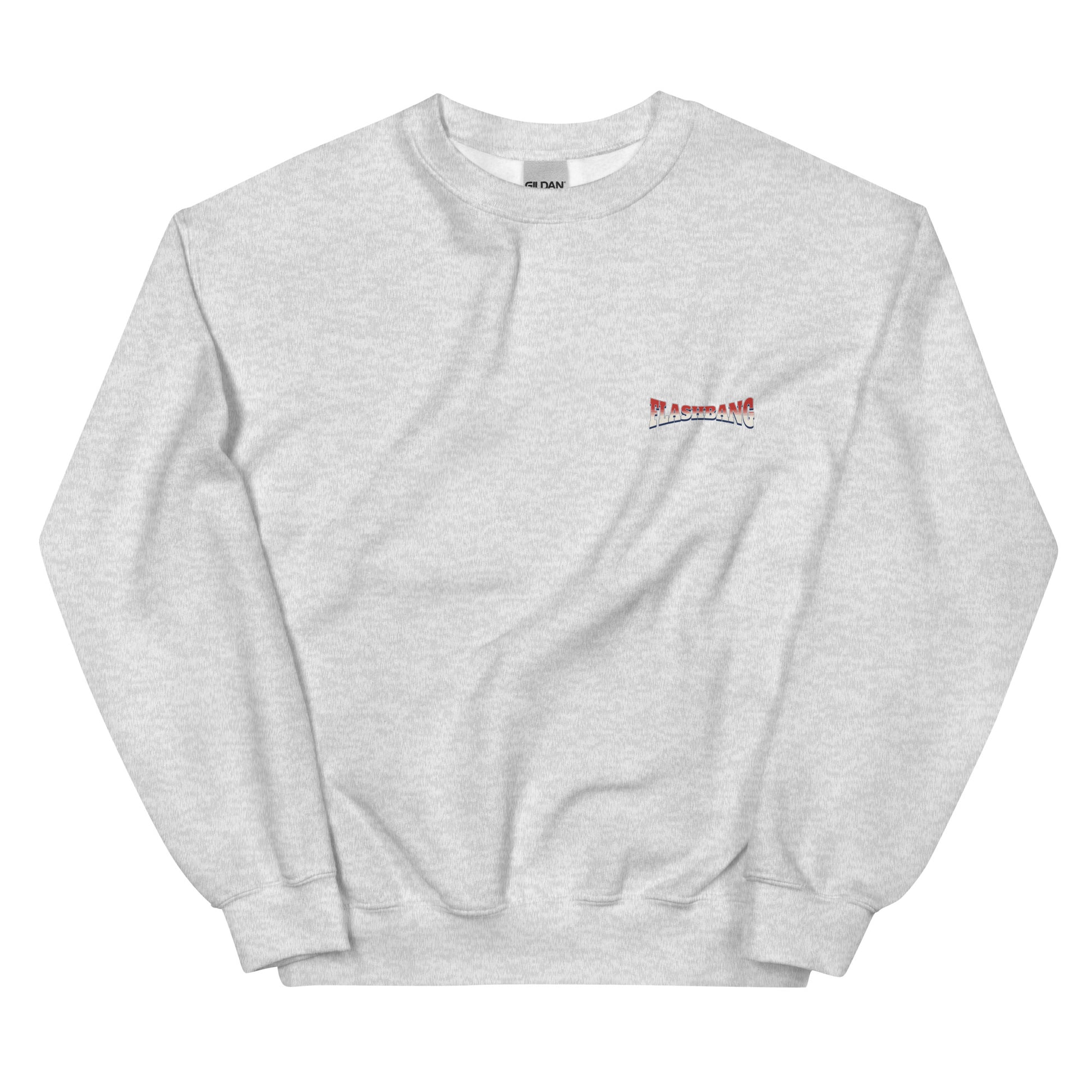 Gray sweatshirt with a red and white logo on a white background