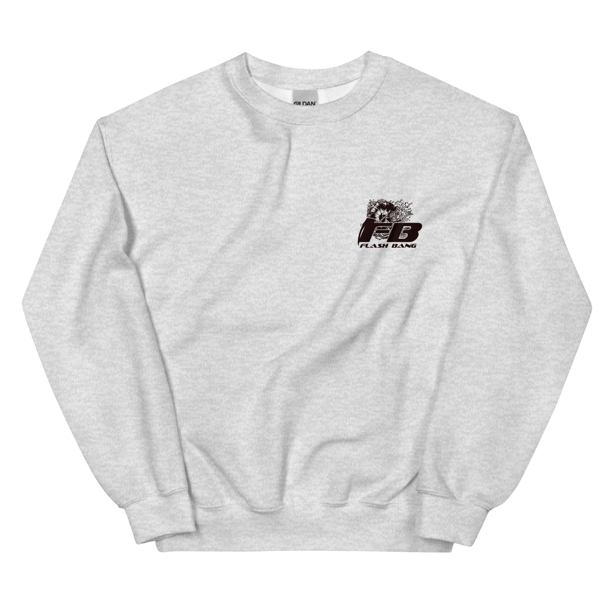 Gray sweatshirt with a black logo on a white background