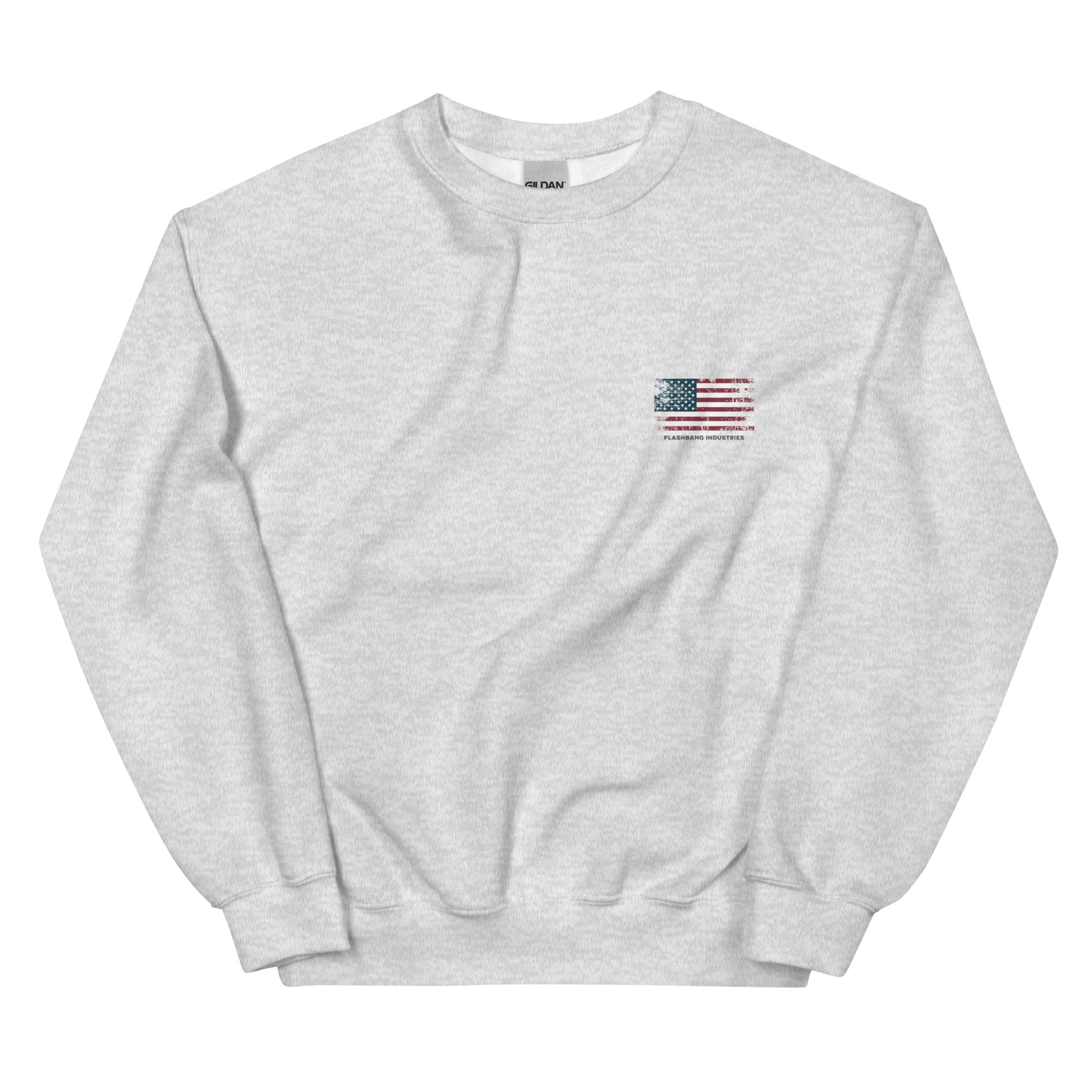 Gray sweatshirt with an American flag patch on a white background
